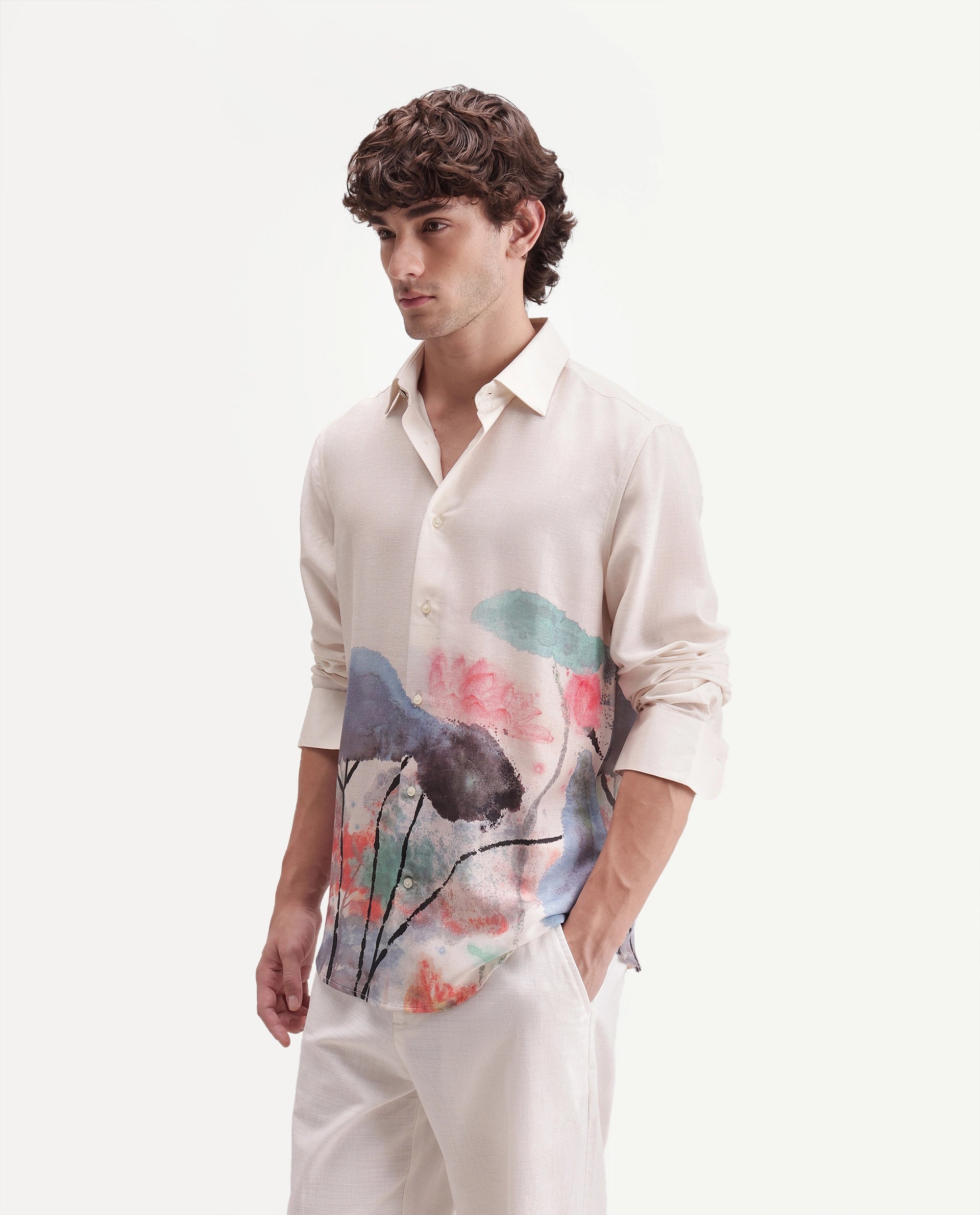 Rare Rabbit Men's Ond Off White Linen Blend Button Regular Fit Abstract Print Shirt