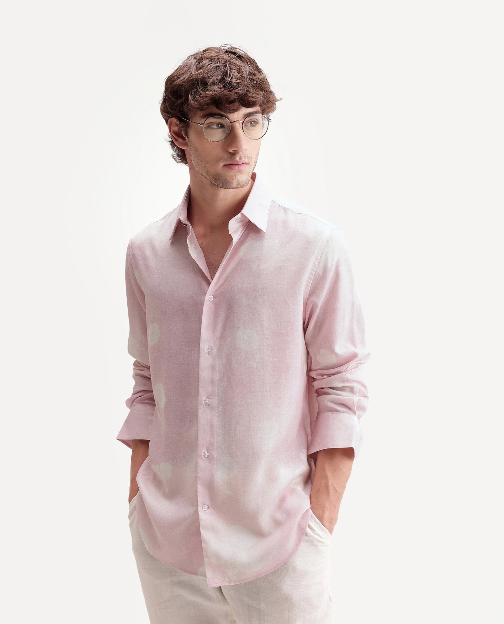 Rare Rabbit Men's Paul Pink Linen Blend Button Regular Fit Floral Print Shirt