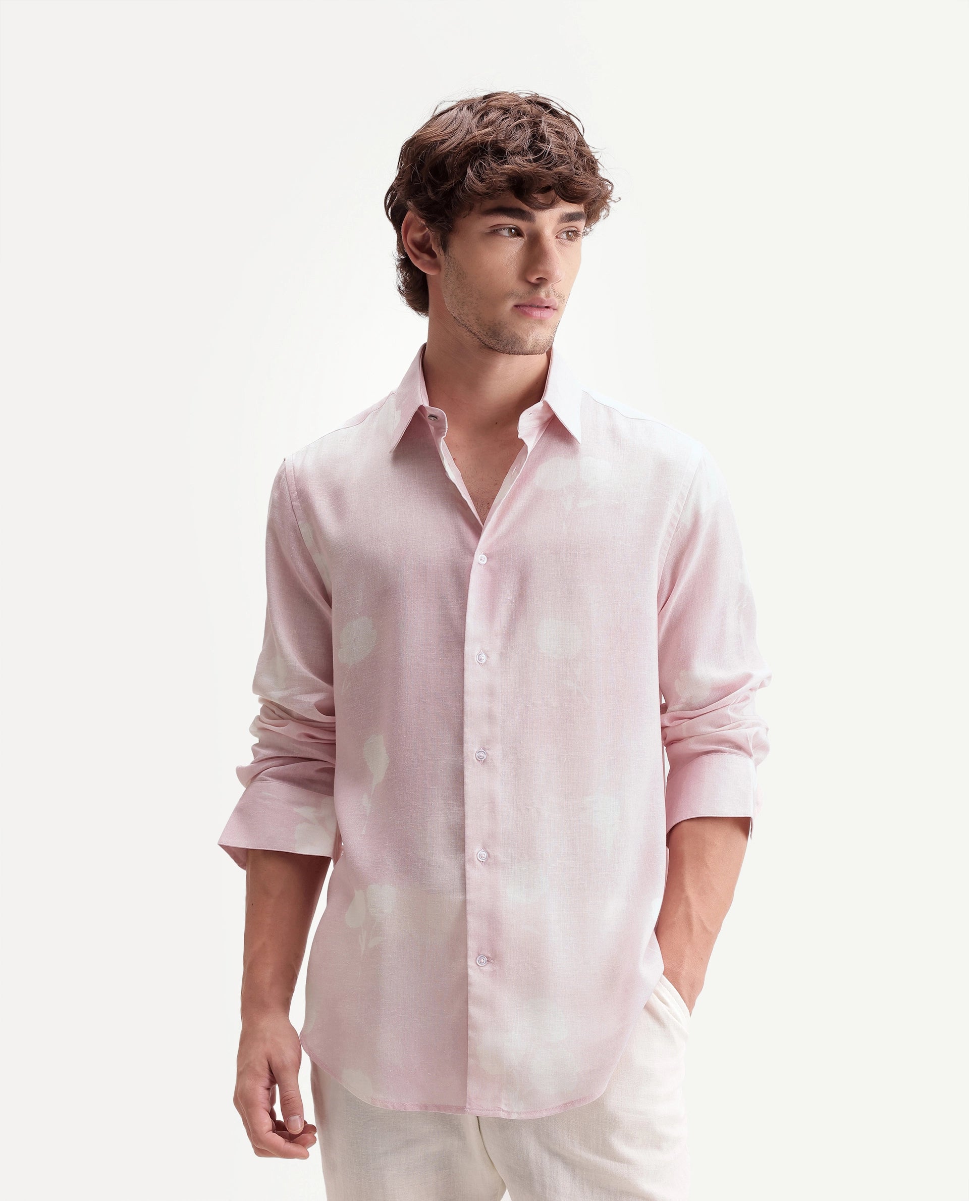Rare Rabbit Men's Paul Pink Linen Blend Button Regular Fit Floral Print Shirt