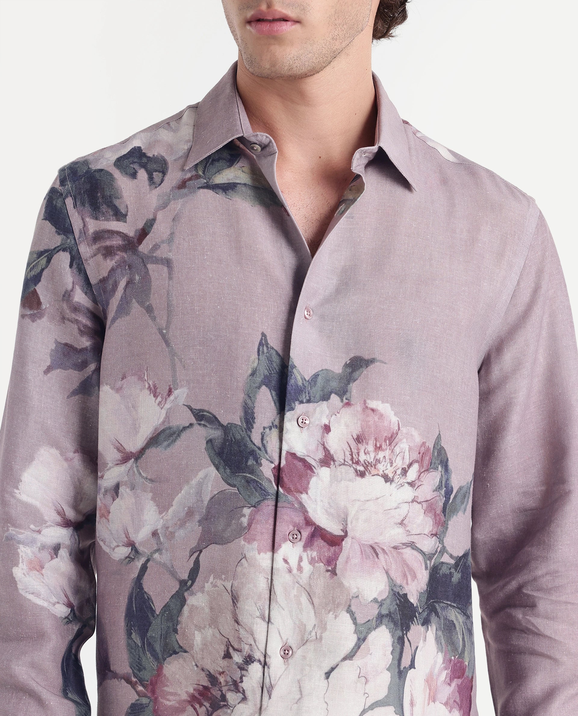 Rare Rabbit Men's Piro Light Purple Linen Blend Button Regular Fit Floral Print Shirt