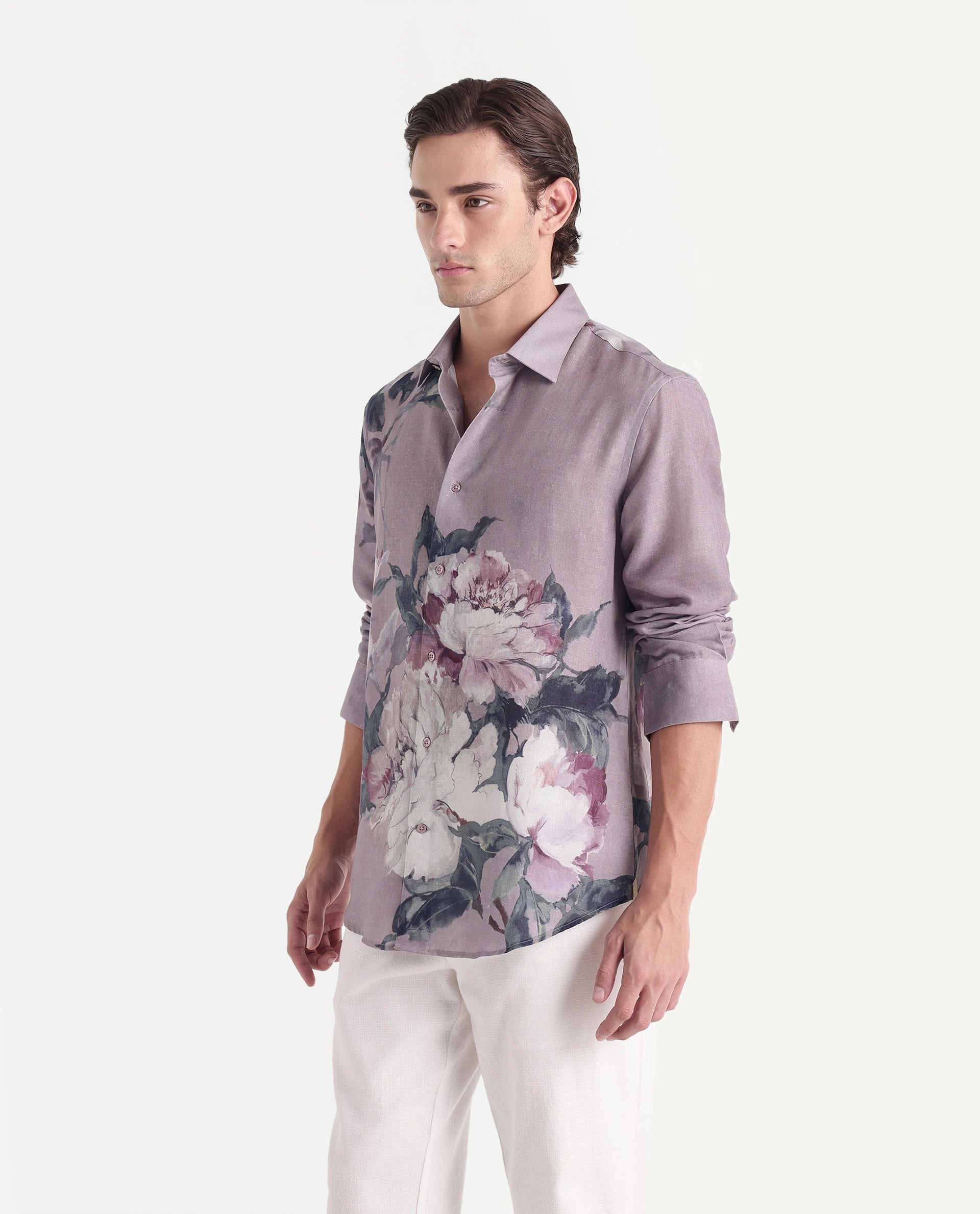 Rare Rabbit Men's Piro Light Purple Linen Blend Button Regular Fit Floral Print Shirt