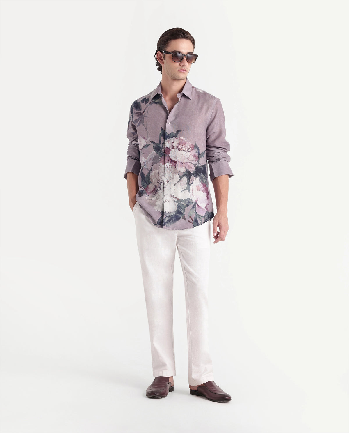 Rare Rabbit Men's Piro Light Purple Linen Blend Button Regular Fit Floral Print Shirt