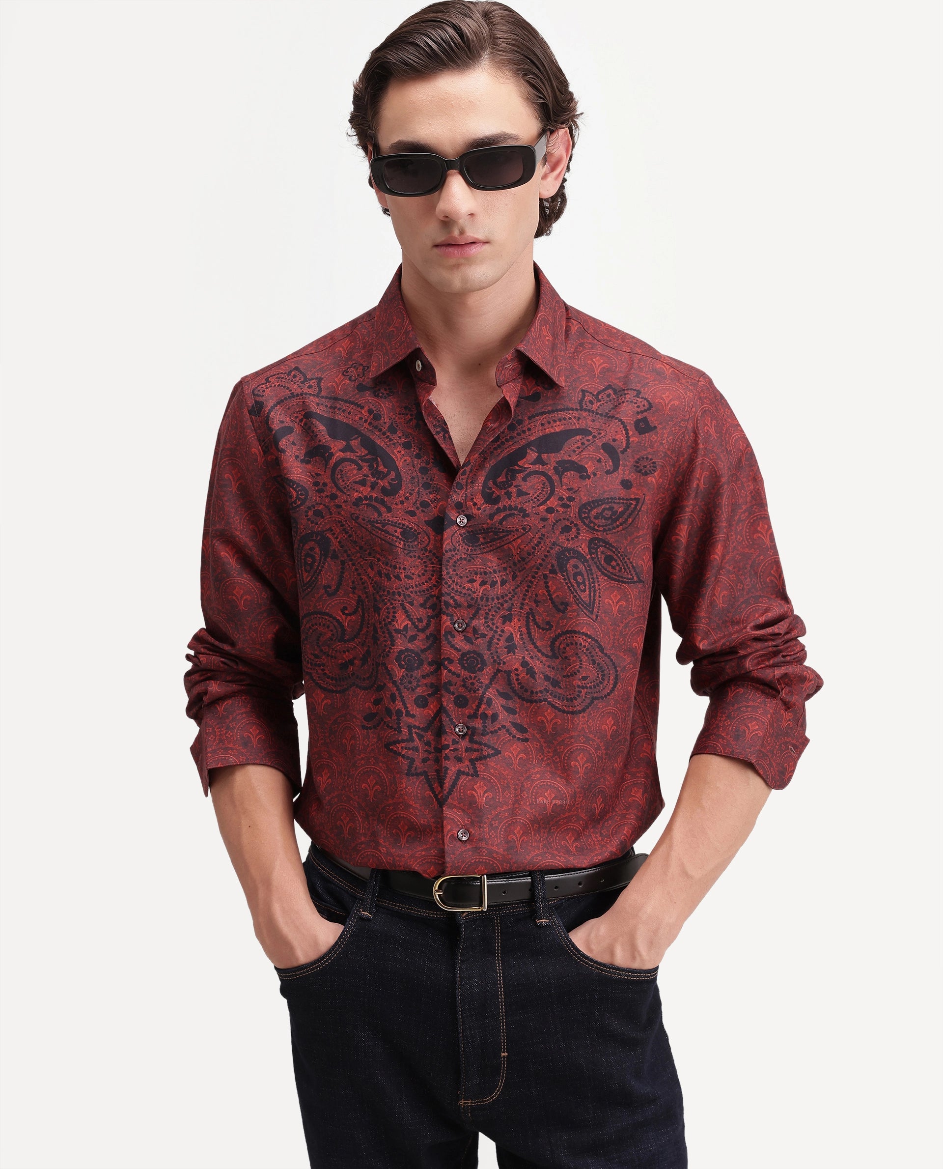 Rare Rabbit Men's Reno Red Cotton Blend Button Regular Fit Paisley Print Shirt