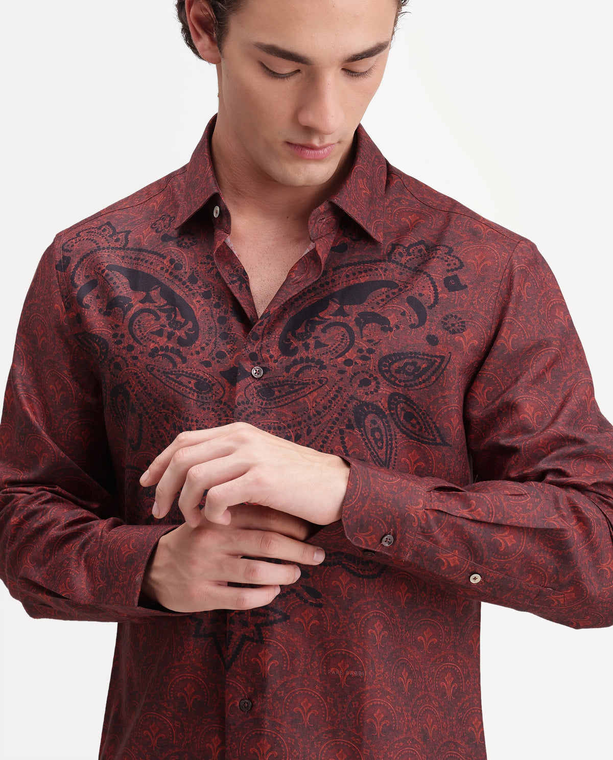 Rare Rabbit Men's Reno Red Cotton Blend Button Regular Fit Paisley Print Shirt