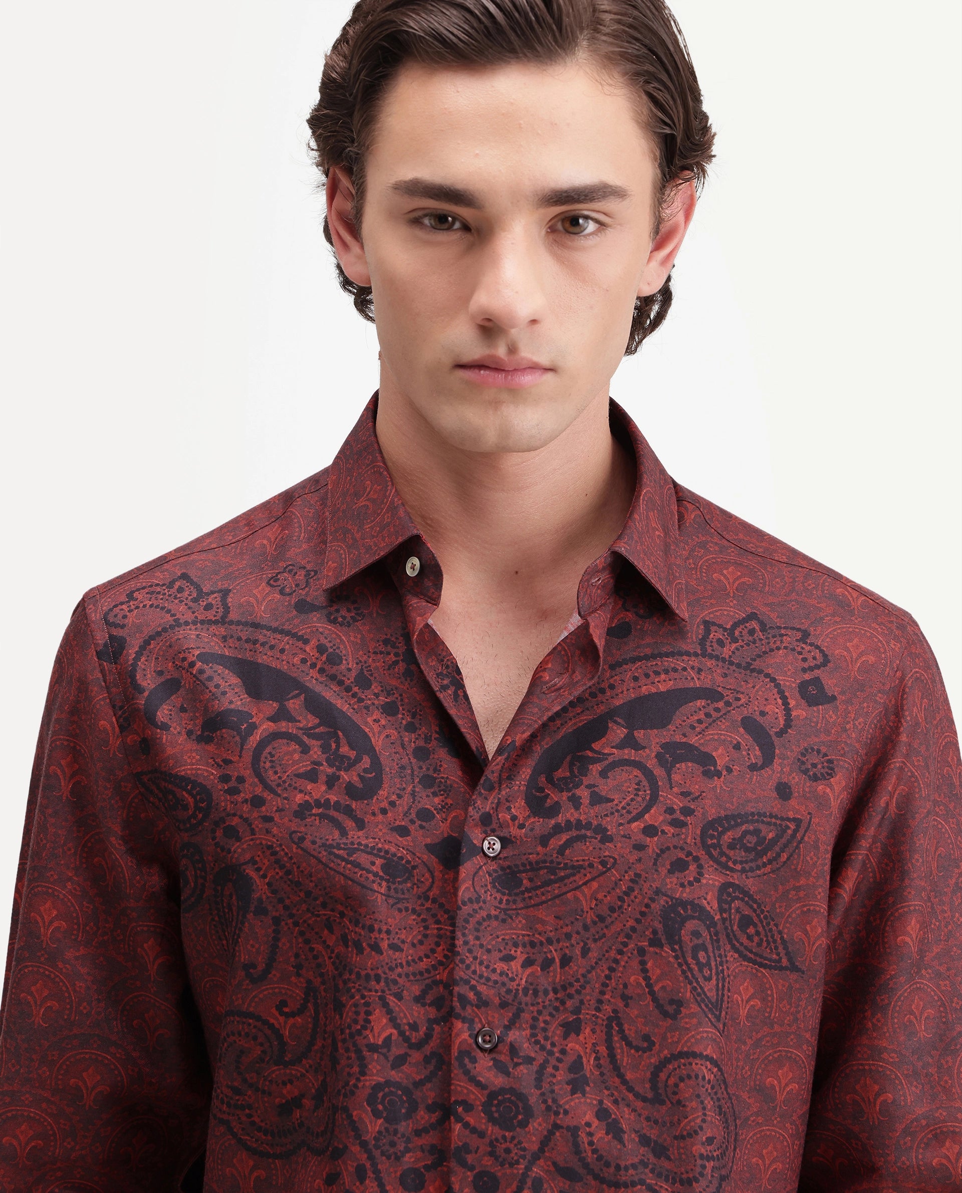 Rare Rabbit Men's Reno Red Cotton Blend Button Regular Fit Paisley Print Shirt