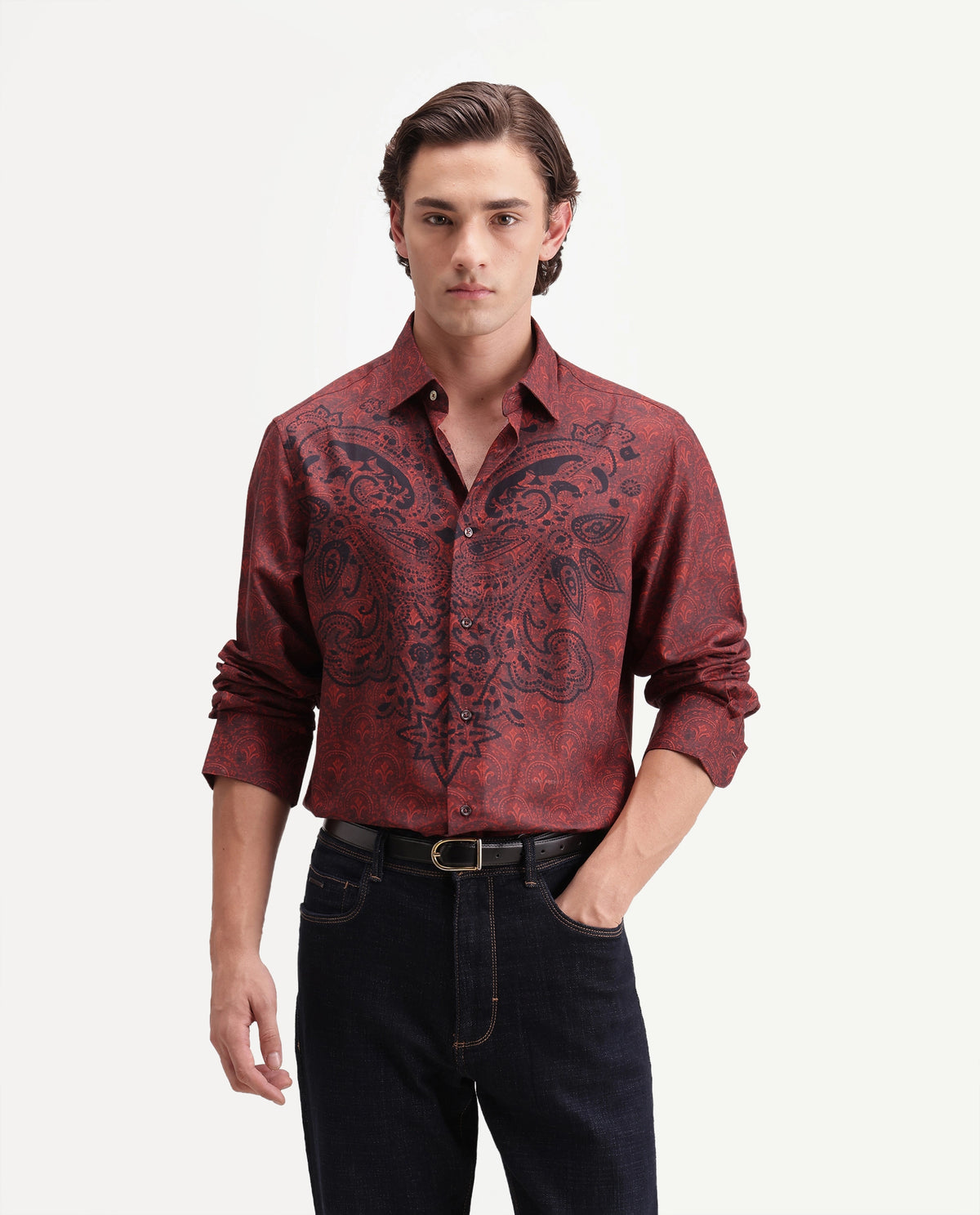 Rare Rabbit Men's Reno Red Cotton Blend Button Regular Fit Paisley Print Shirt