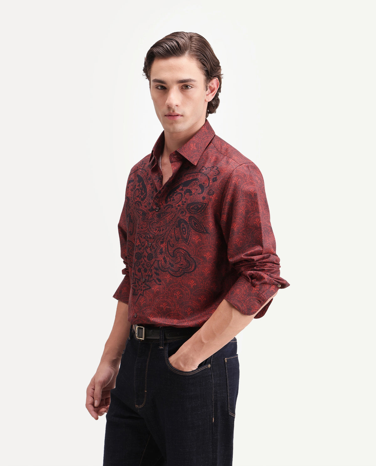 Rare Rabbit Men's Reno Red Cotton Blend Button Regular Fit Paisley Print Shirt