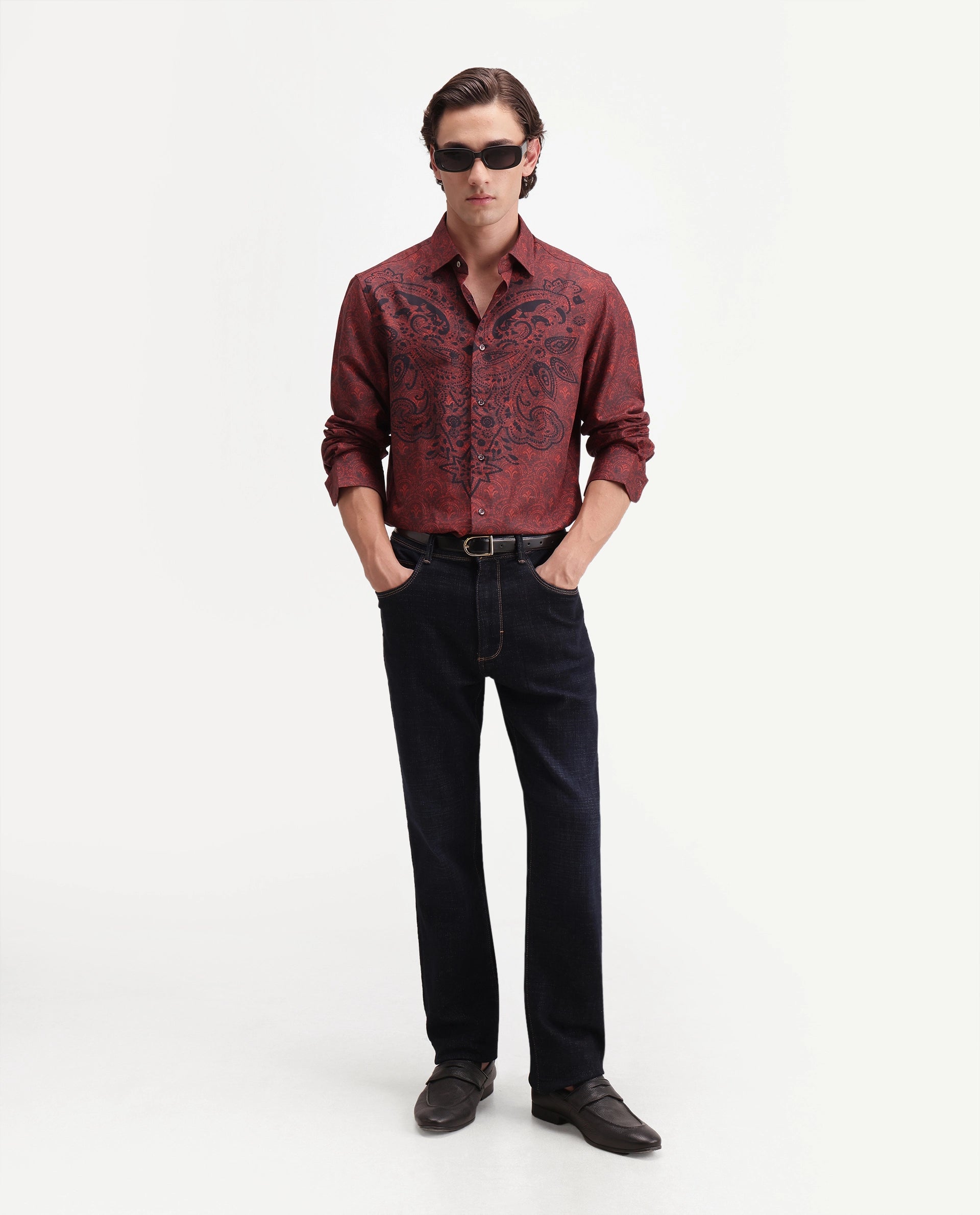 Rare Rabbit Men's Reno Red Cotton Blend Button Regular Fit Paisley Print Shirt