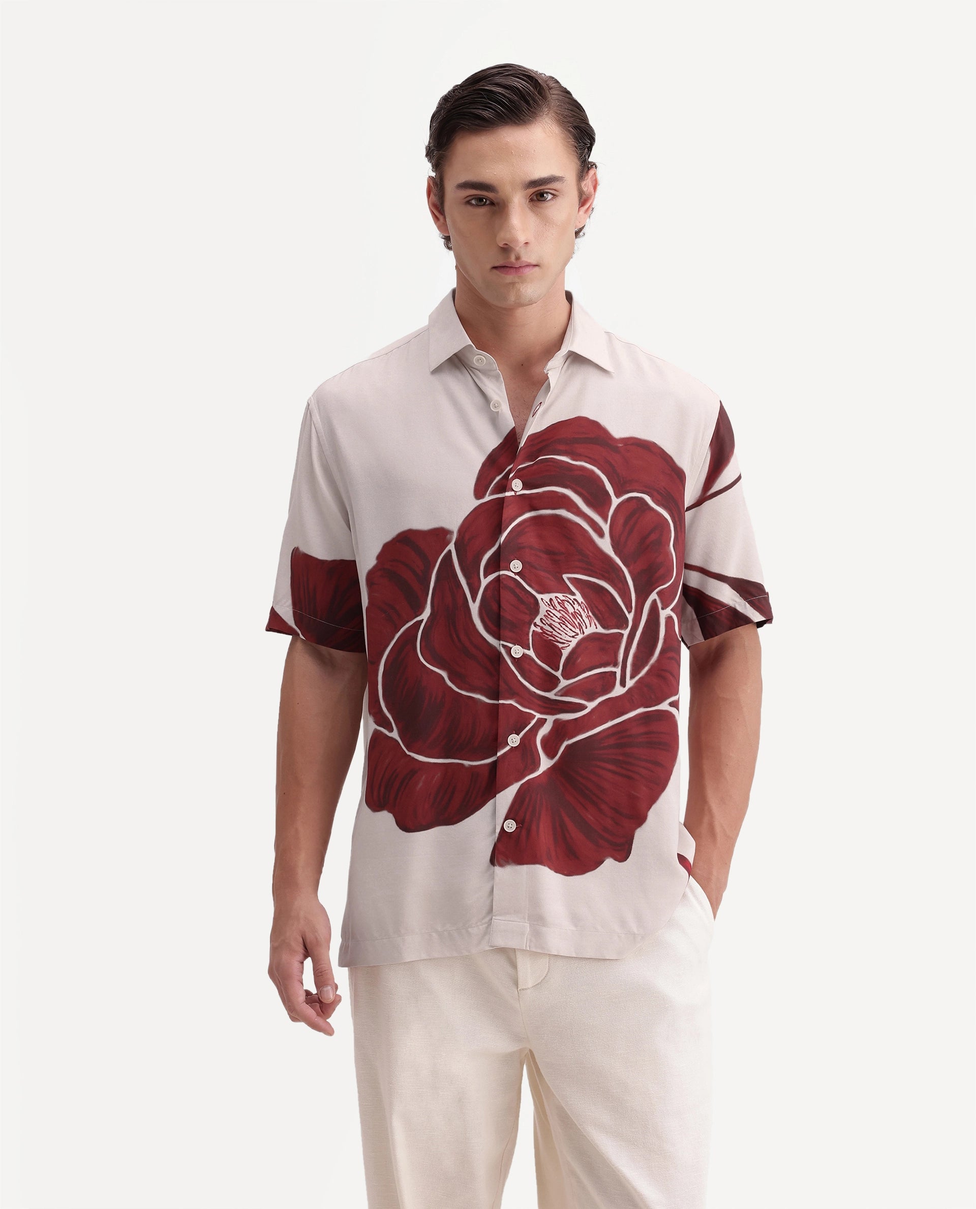 Rare Rabbit Men's Rose White Viscose Button Relaxed Fit Floral Print Shirt