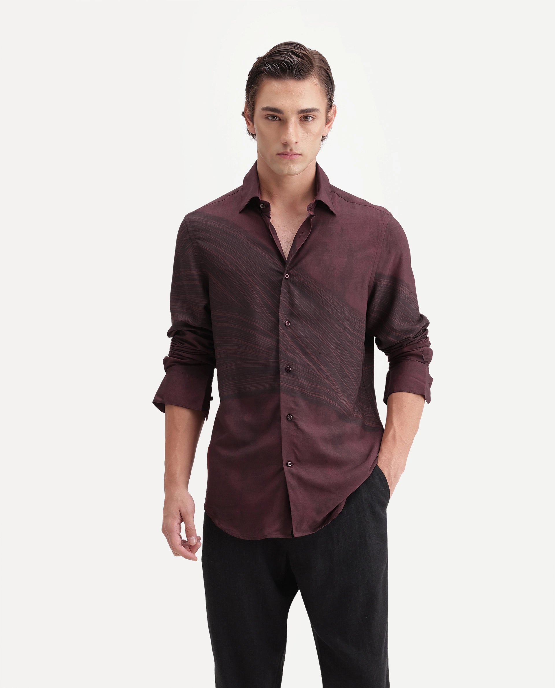Rare Rabbit Men's Slide Red Viscose Button Regular Fit Abstract Print Shirt