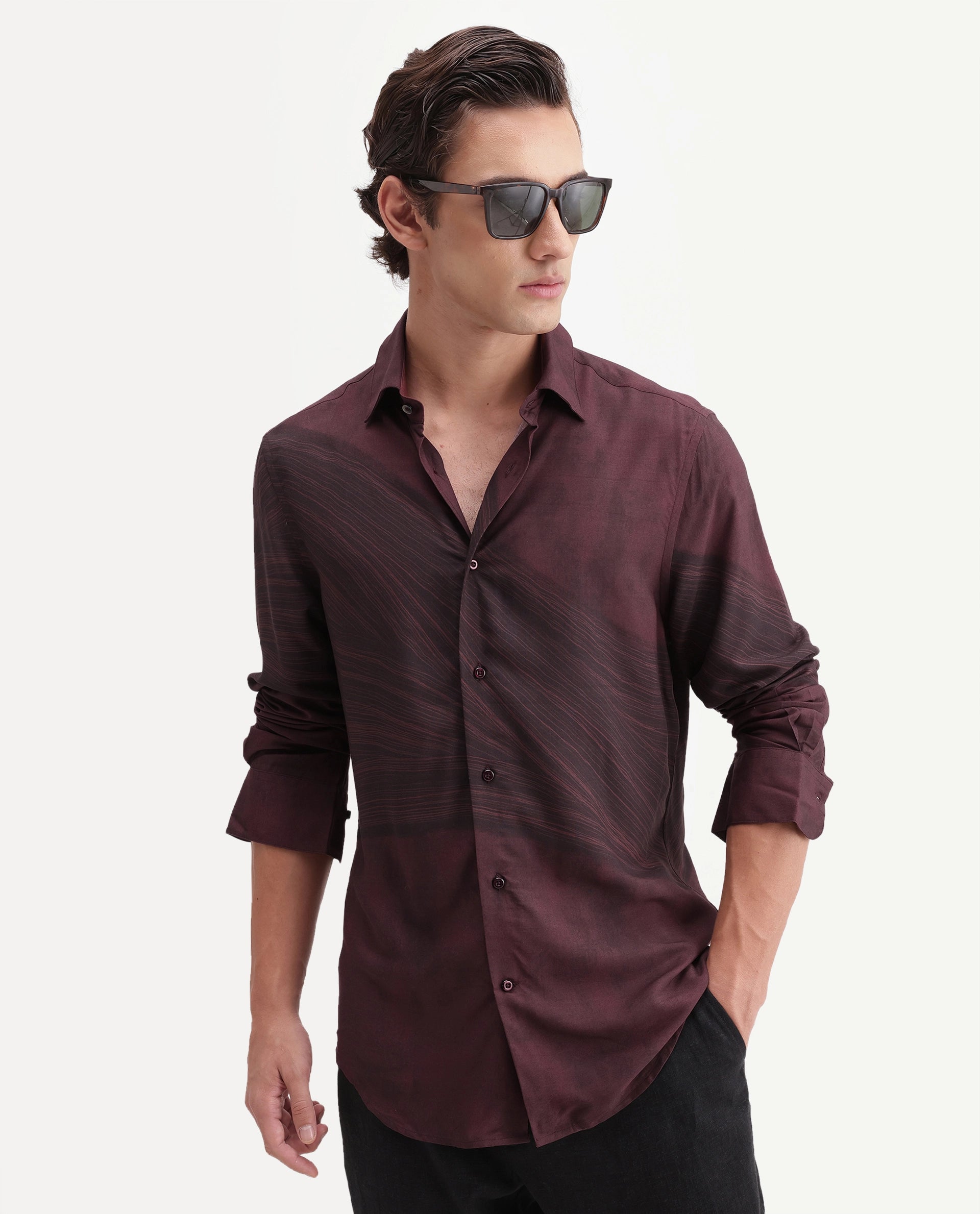 Rare Rabbit Men's Slide Red Viscose Button Regular Fit Abstract Print Shirt