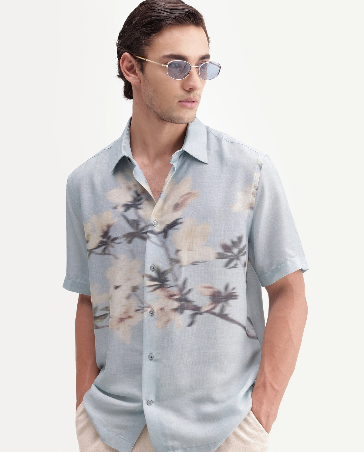 Rare Rabbit Men's Sumo Pastel Blue Linen Blend Button Regular Fit Floral Print Shirt