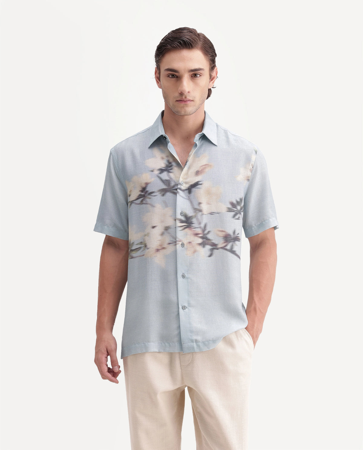 Rare Rabbit Men's Sumo Pastel Blue Linen Blend Button Regular Fit Floral Print Shirt