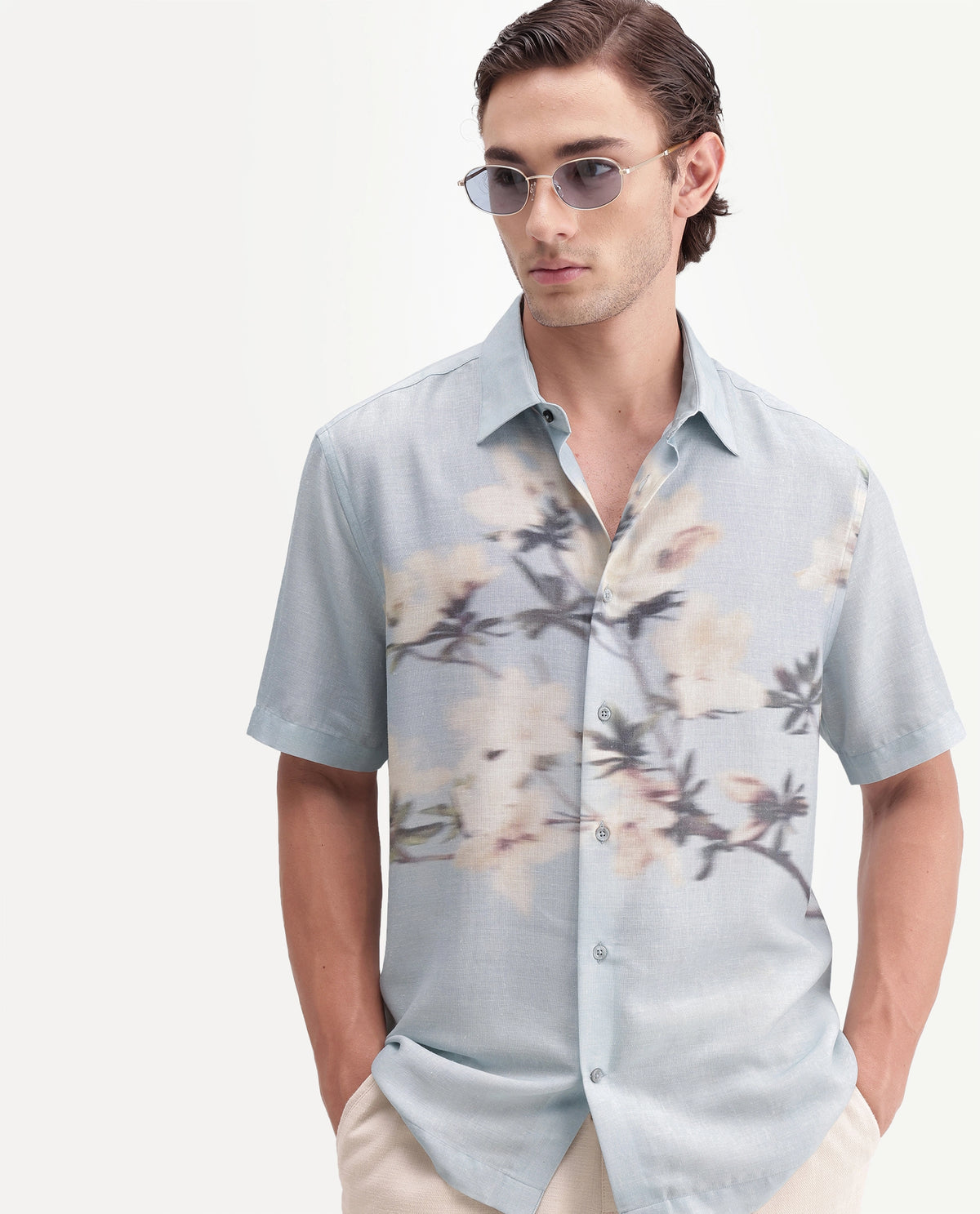 Rare Rabbit Men's Sumo Pastel Blue Linen Blend Button Regular Fit Floral Print Shirt