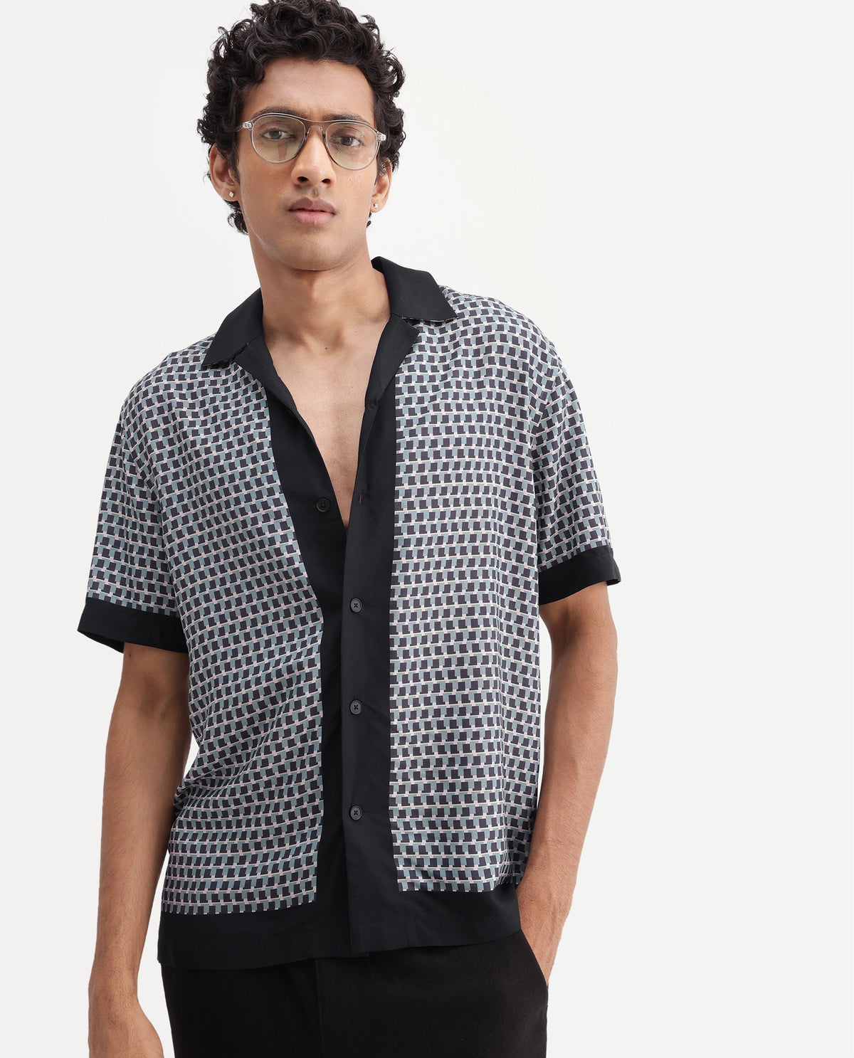 Rare Rabbit Men's Xine Off White Viscose Cuban Collar Button Regular Geometric Print Shirt - image 1