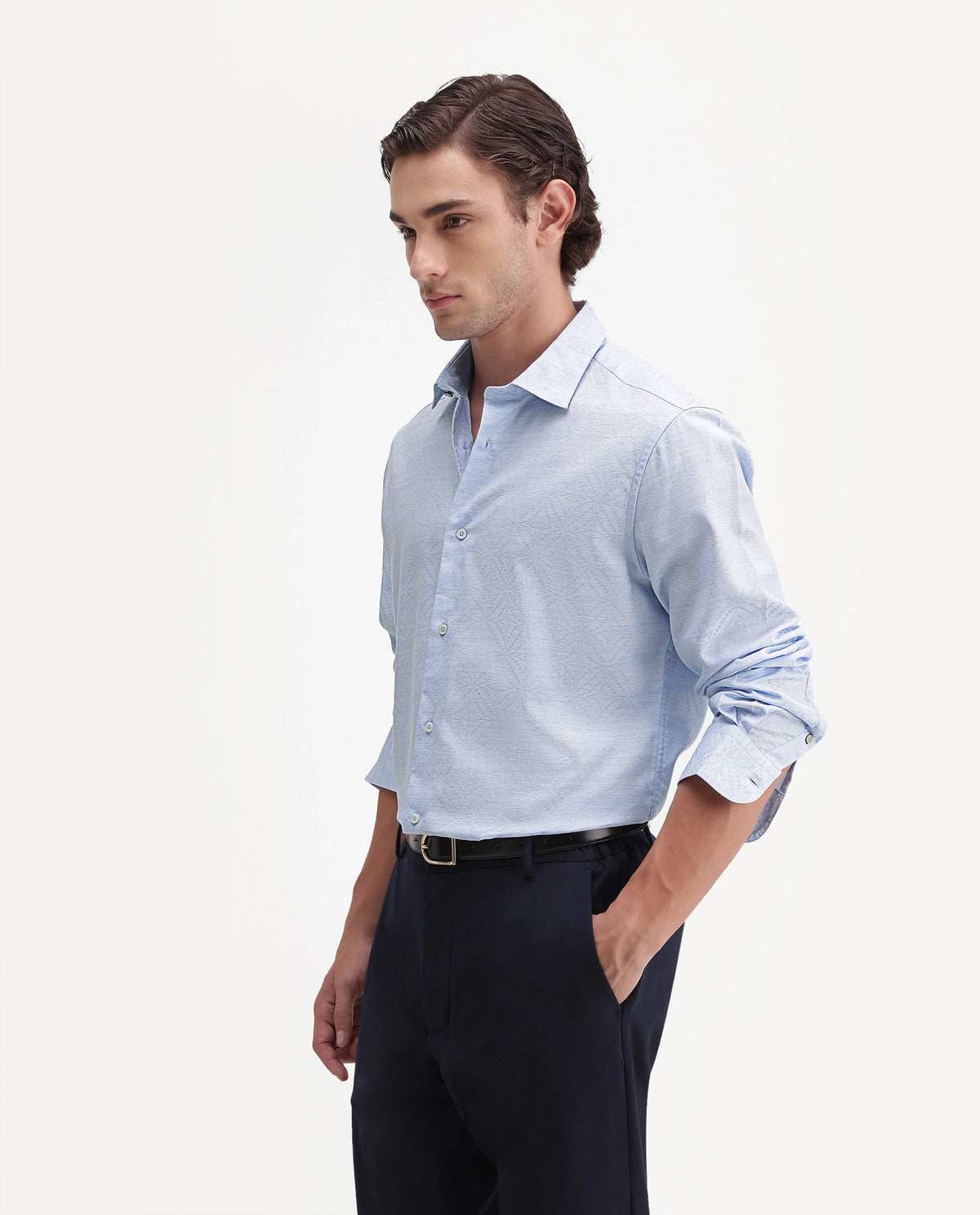 Rare Rabbit Men's Kestrel Light Blue Cotton Button Regular Fit Jacquard Shirt