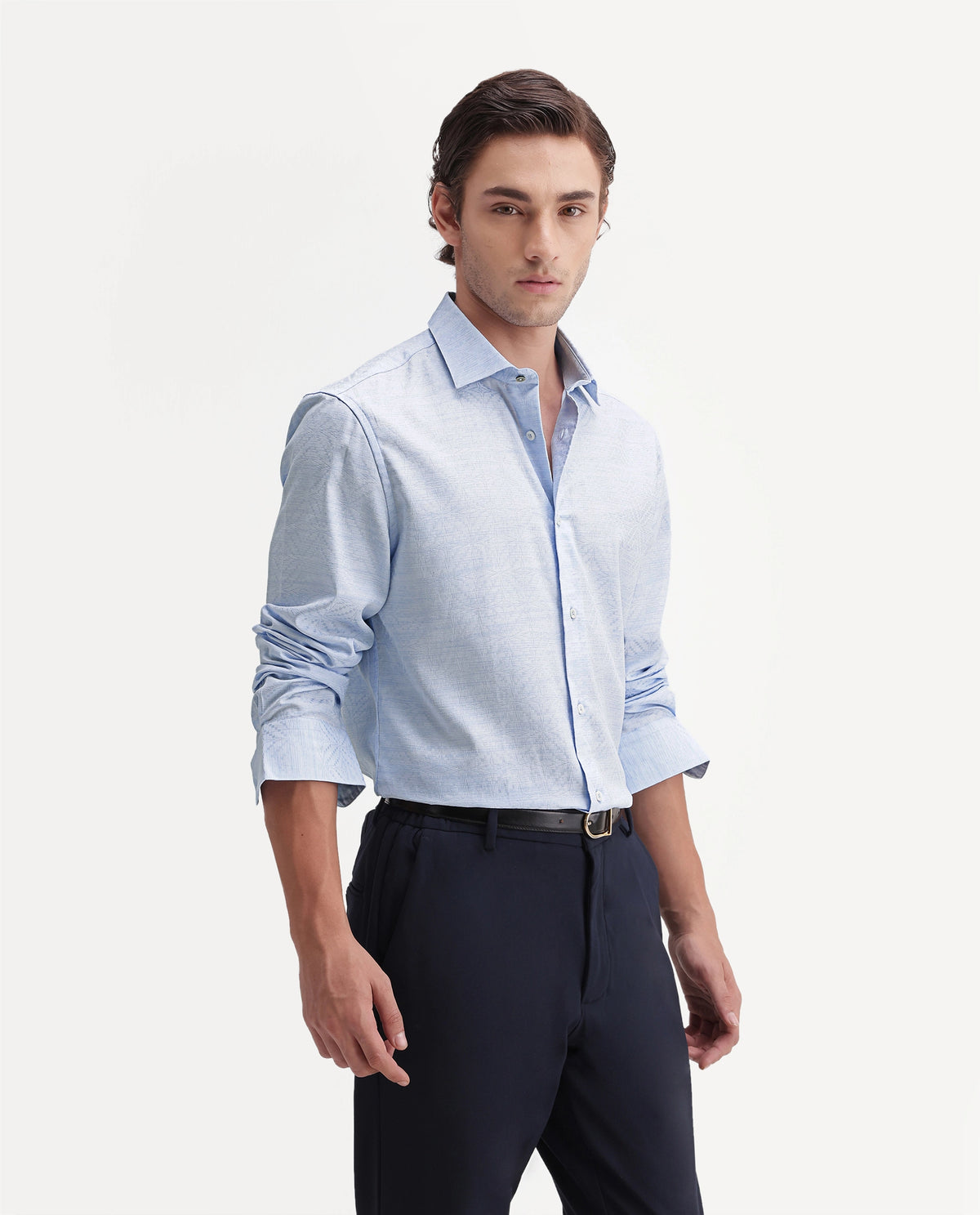 Rare Rabbit Men's Kestrel Light Blue Cotton Button Regular Fit Jacquard Shirt