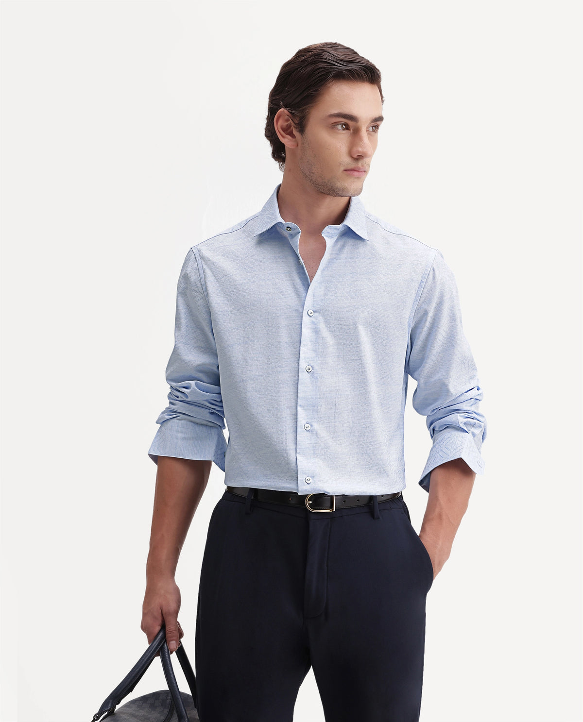 Rare Rabbit Men's Kestrel Light Blue Cotton Button Regular Fit Jacquard Shirt
