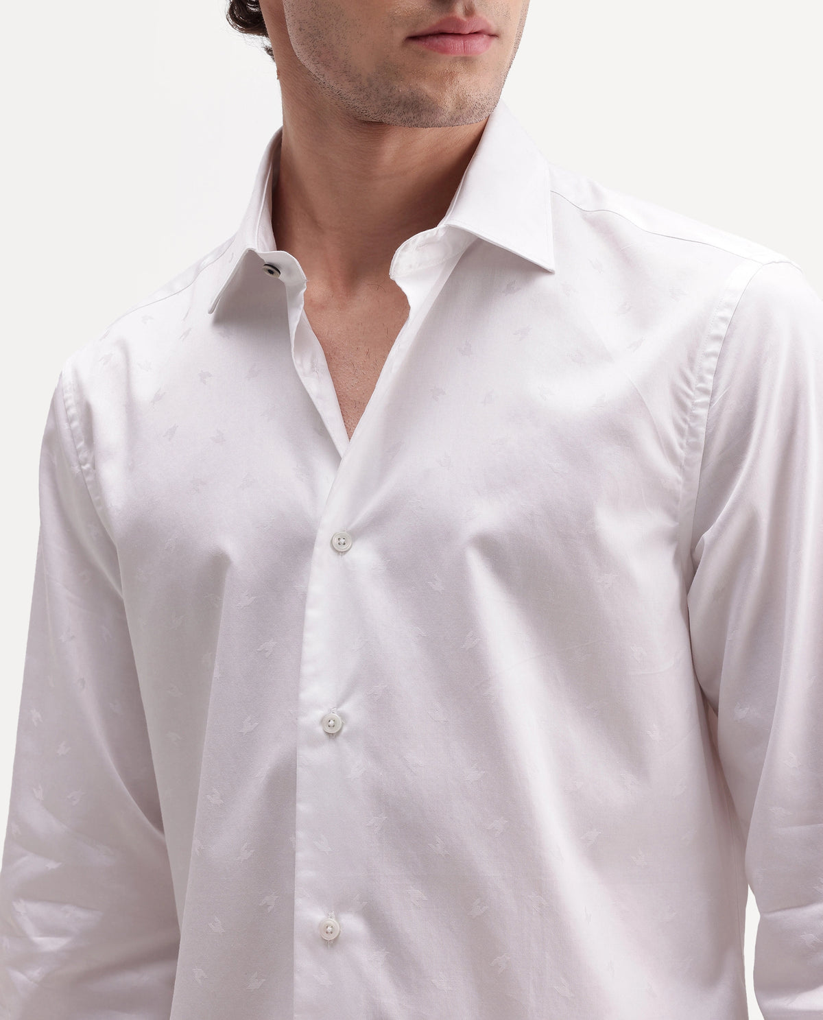 Rare Rabbit Men's Frosto White Cotton Button Regular Fit Jacquard Shirt