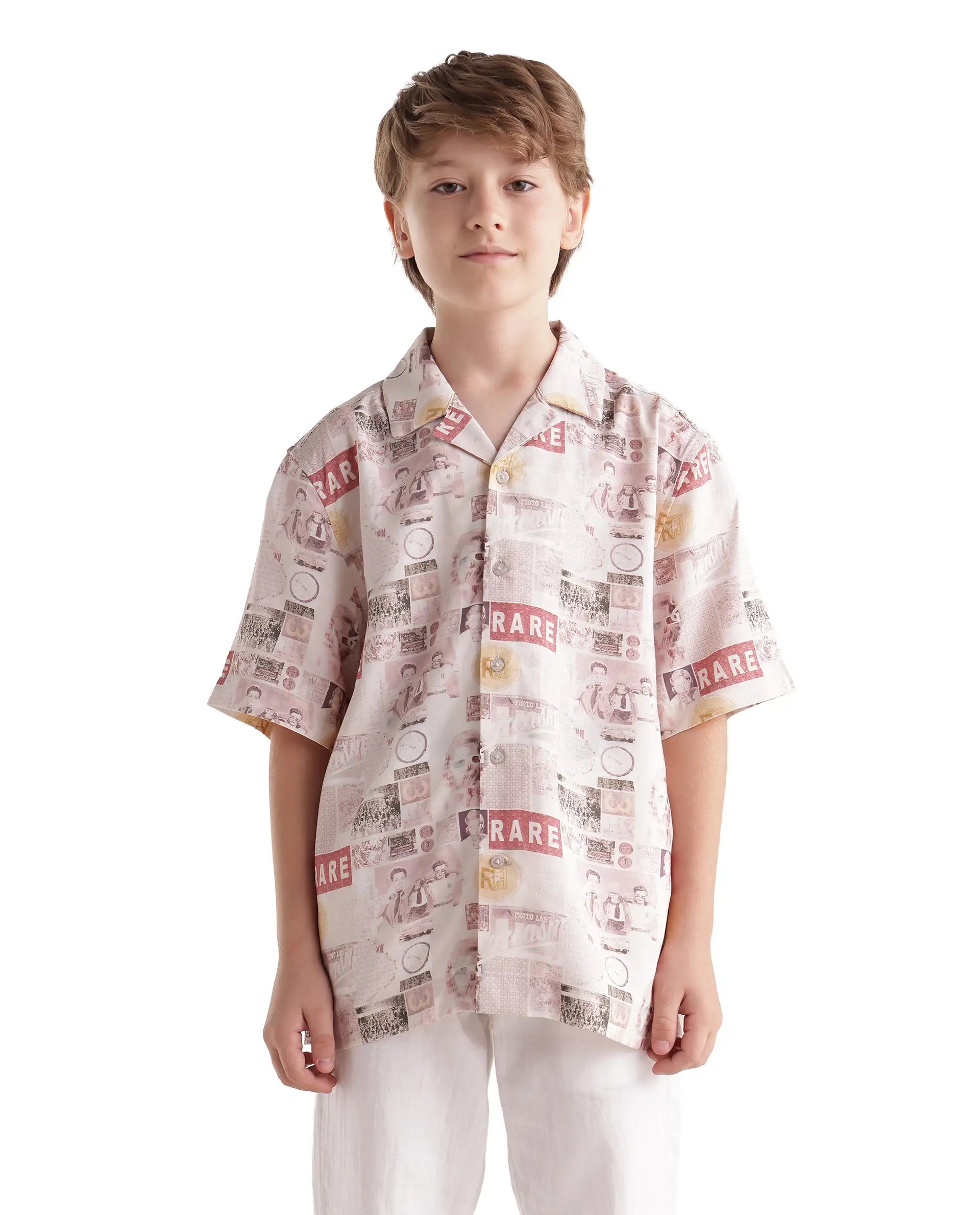 Rare Ones Kids Hage-26 Beige Cotton Blend Fabric Button Closure Digital Print Shirt
