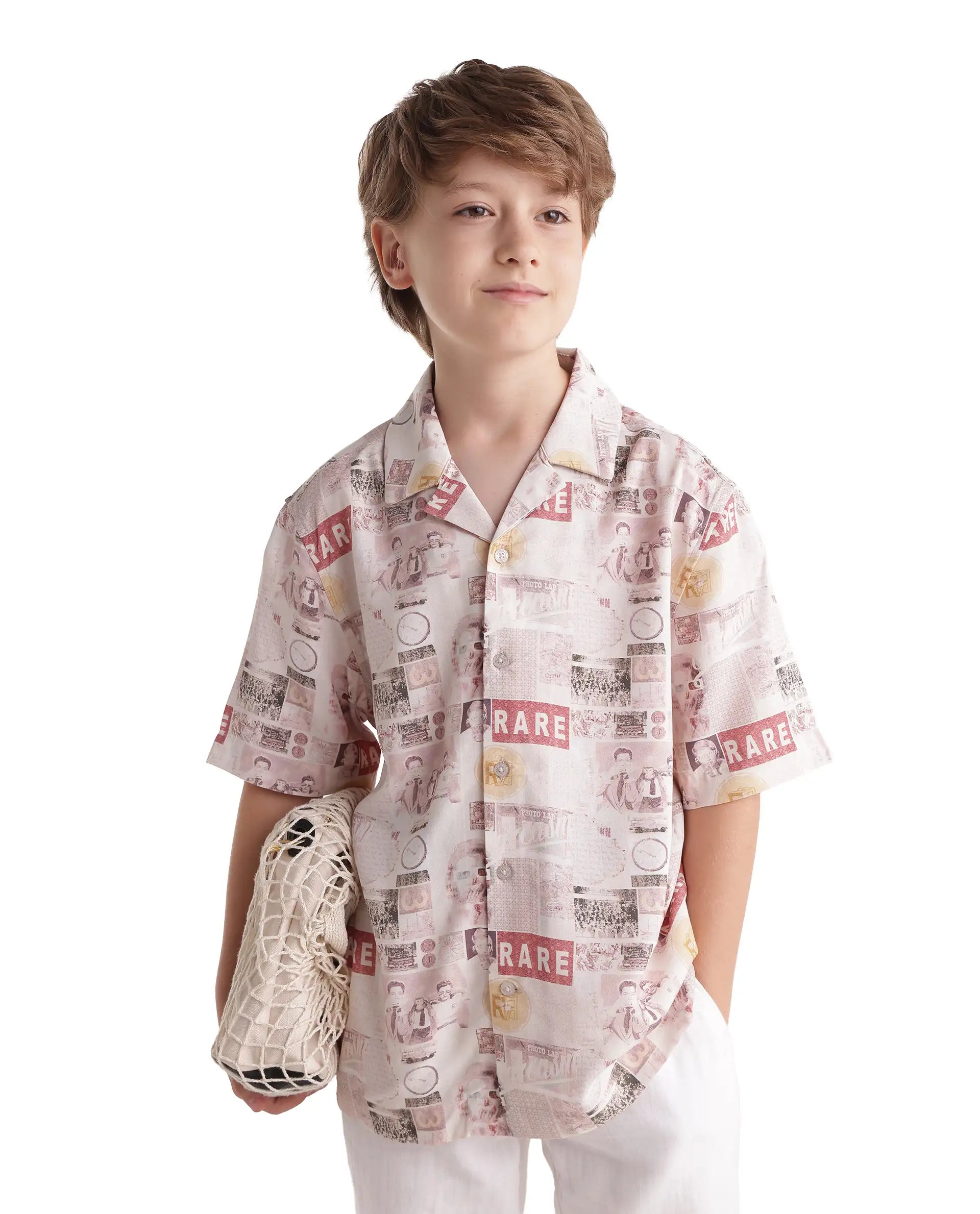 Rare Ones Kids Hage-26 Beige Cotton Blend Fabric Button Closure Digital Print Shirt