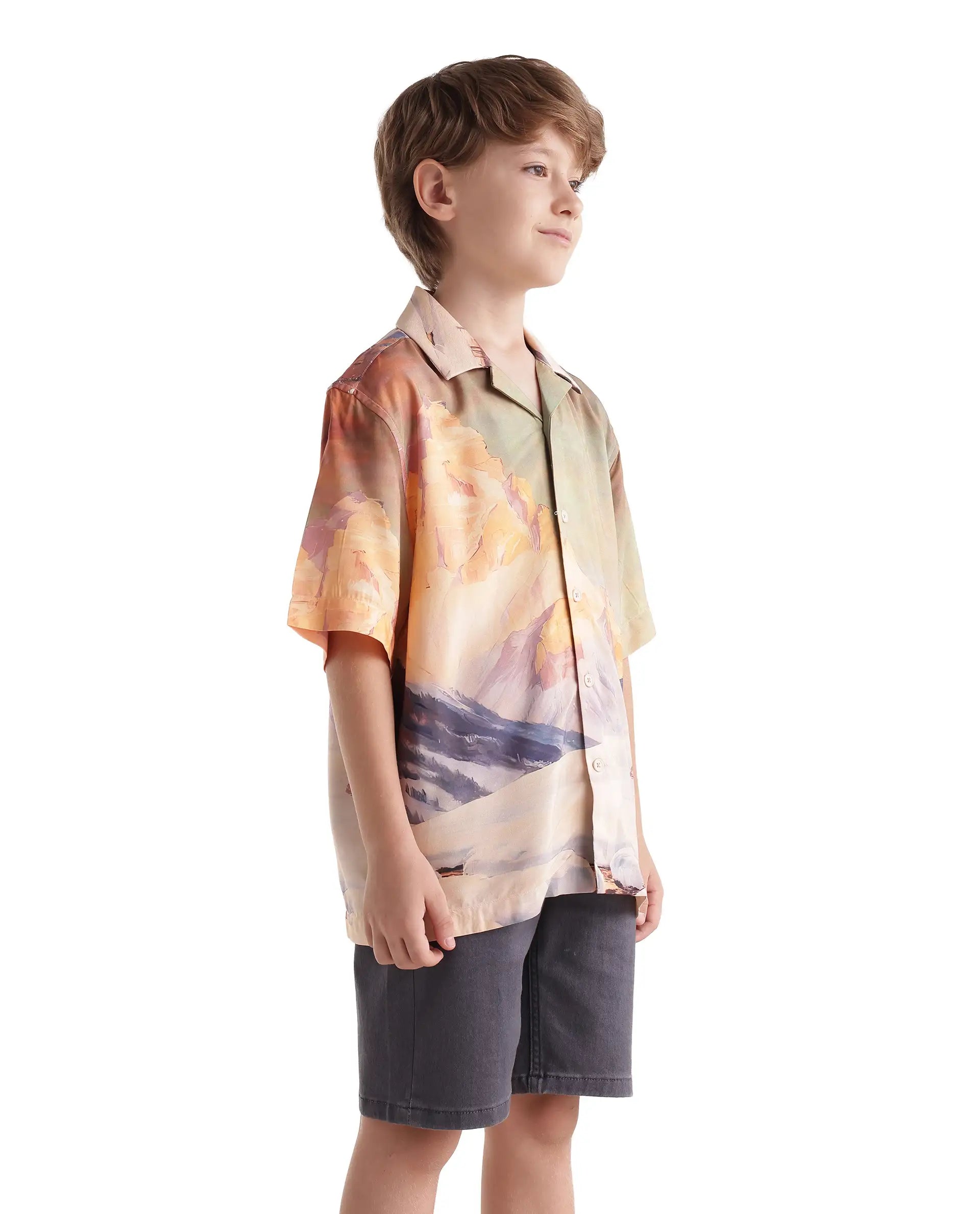 Rare Ones Kids Chilo-26 Light Orange Cotton Blend Fabric Button Closure Digital Print Shirt