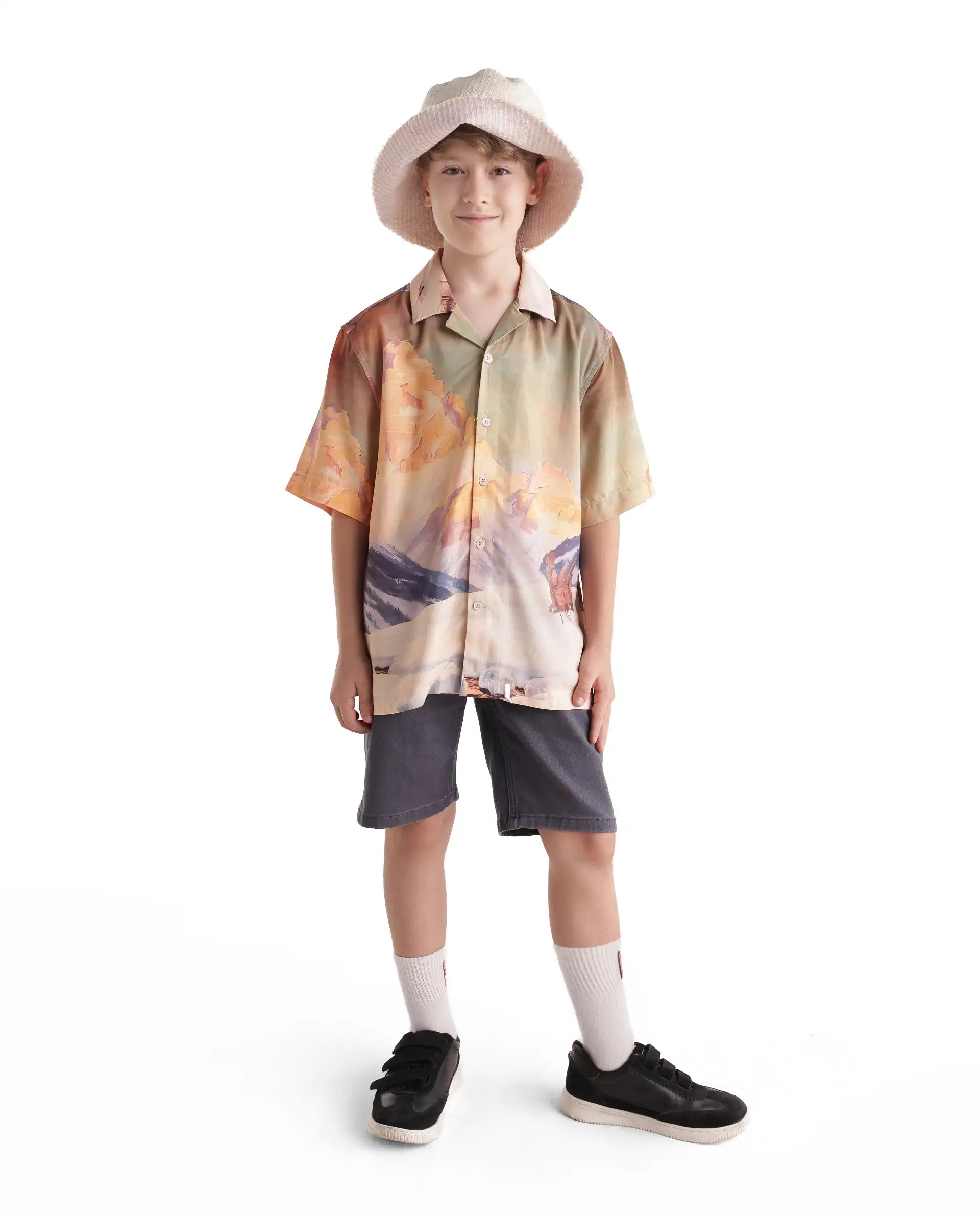 Rare Ones Kids Chilo-26 Light Orange Cotton Blend Fabric Button Closure Digital Print Shirt