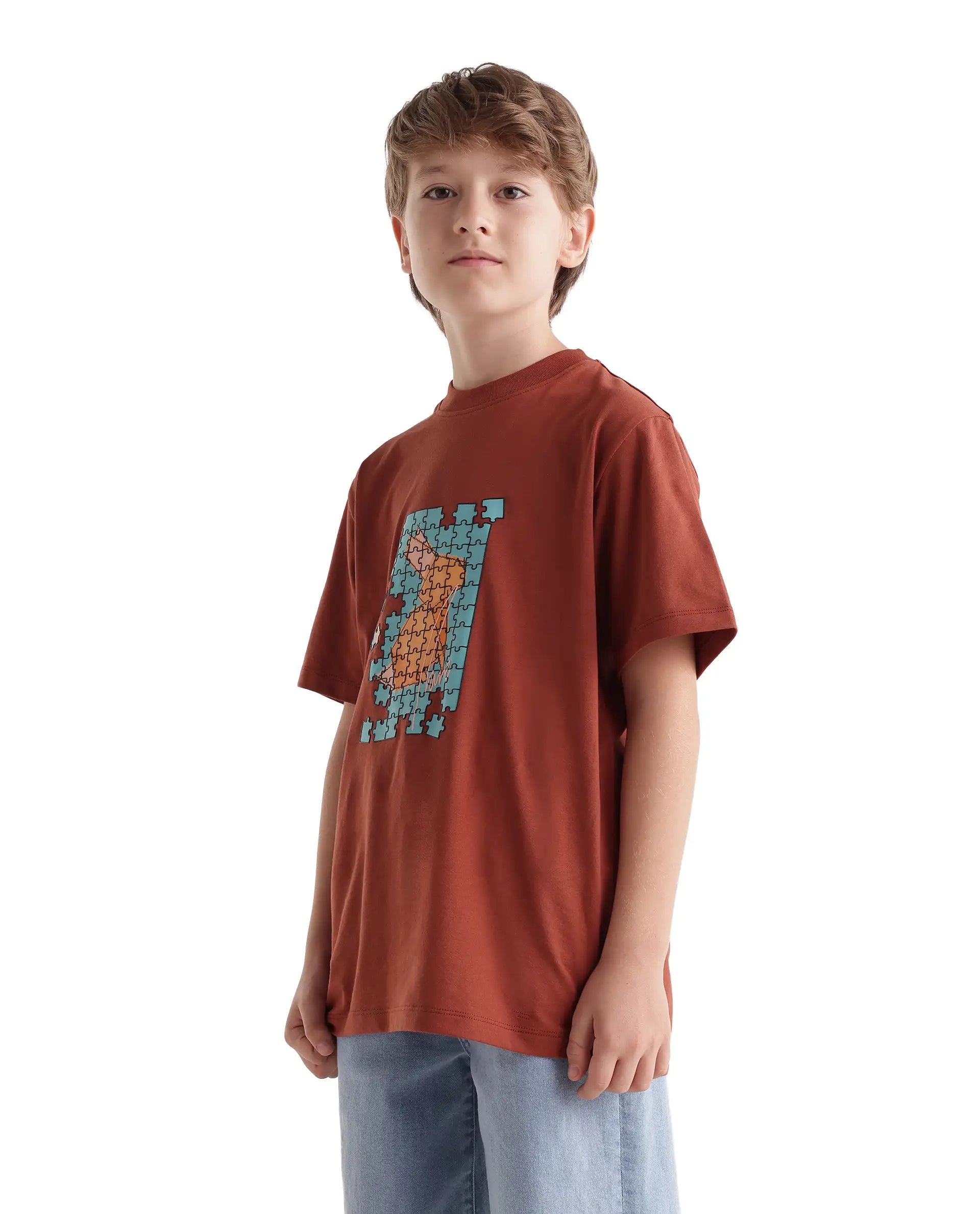 Rare Ones Kids Alarc Rust Cotton Blend Fabric Pull-On Regular Fit Graphic Print T-Shirt