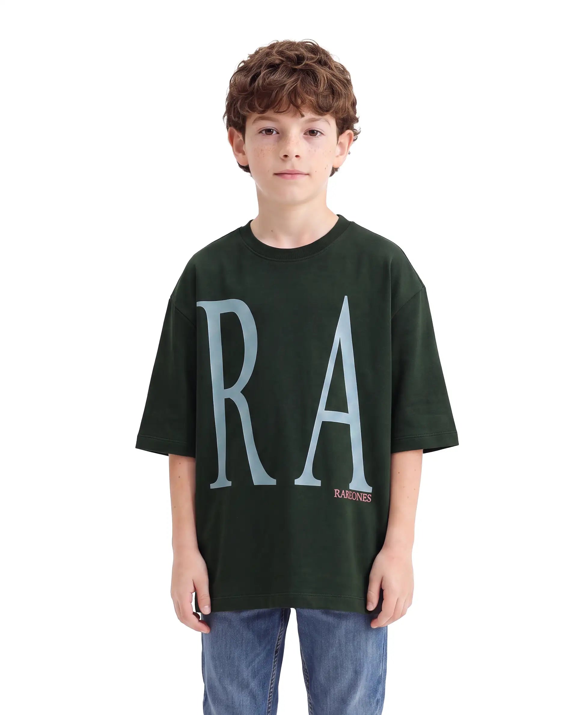 Rare Ones Kids Elton Green Cotton Blend Fabric Pull-On Oversized Fit Printed T-Shirt