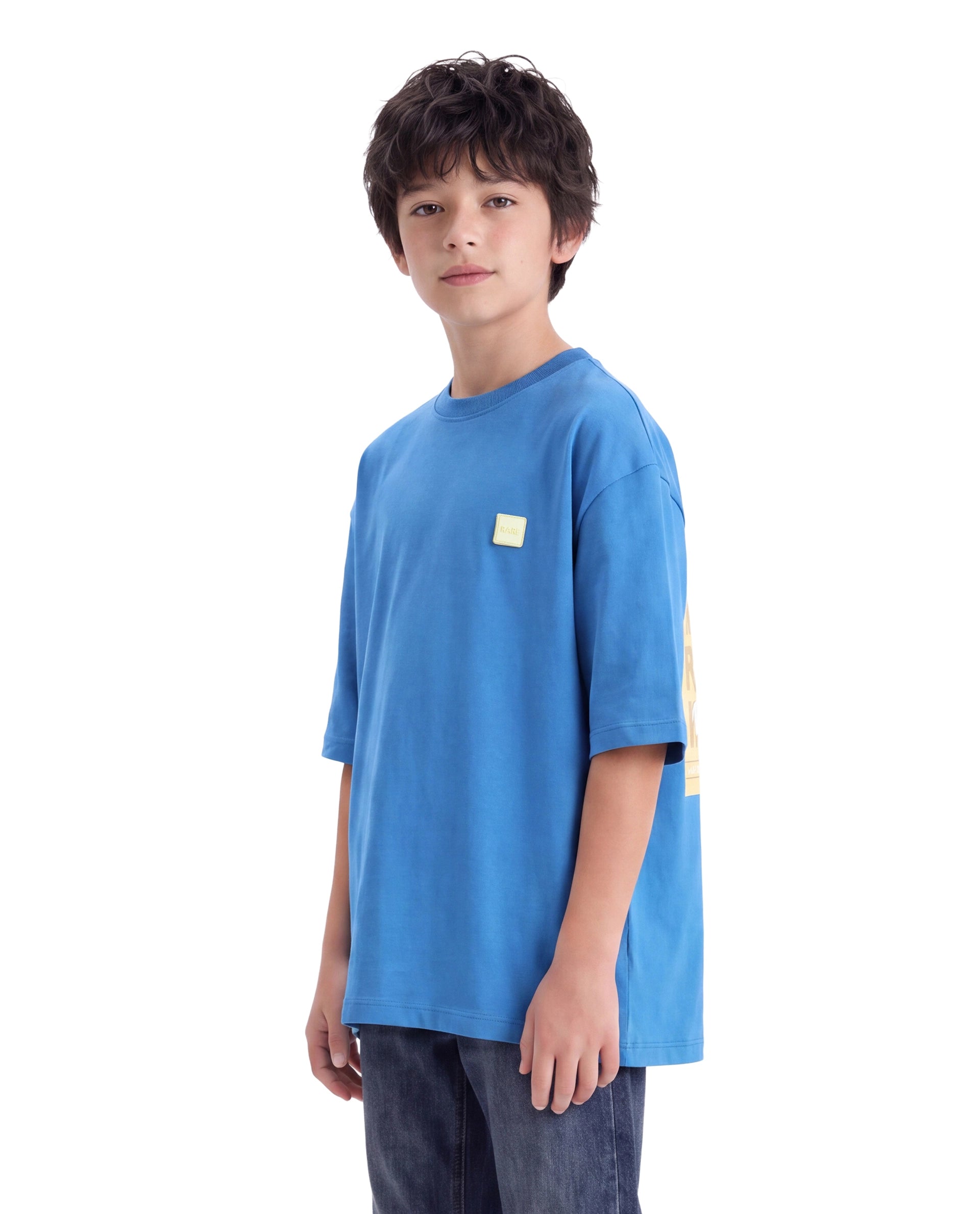 Rare Ones Kids Merc-26 Blue Cotton Fabric Pull-On Oversized Fit Graphic Print T-Shirt