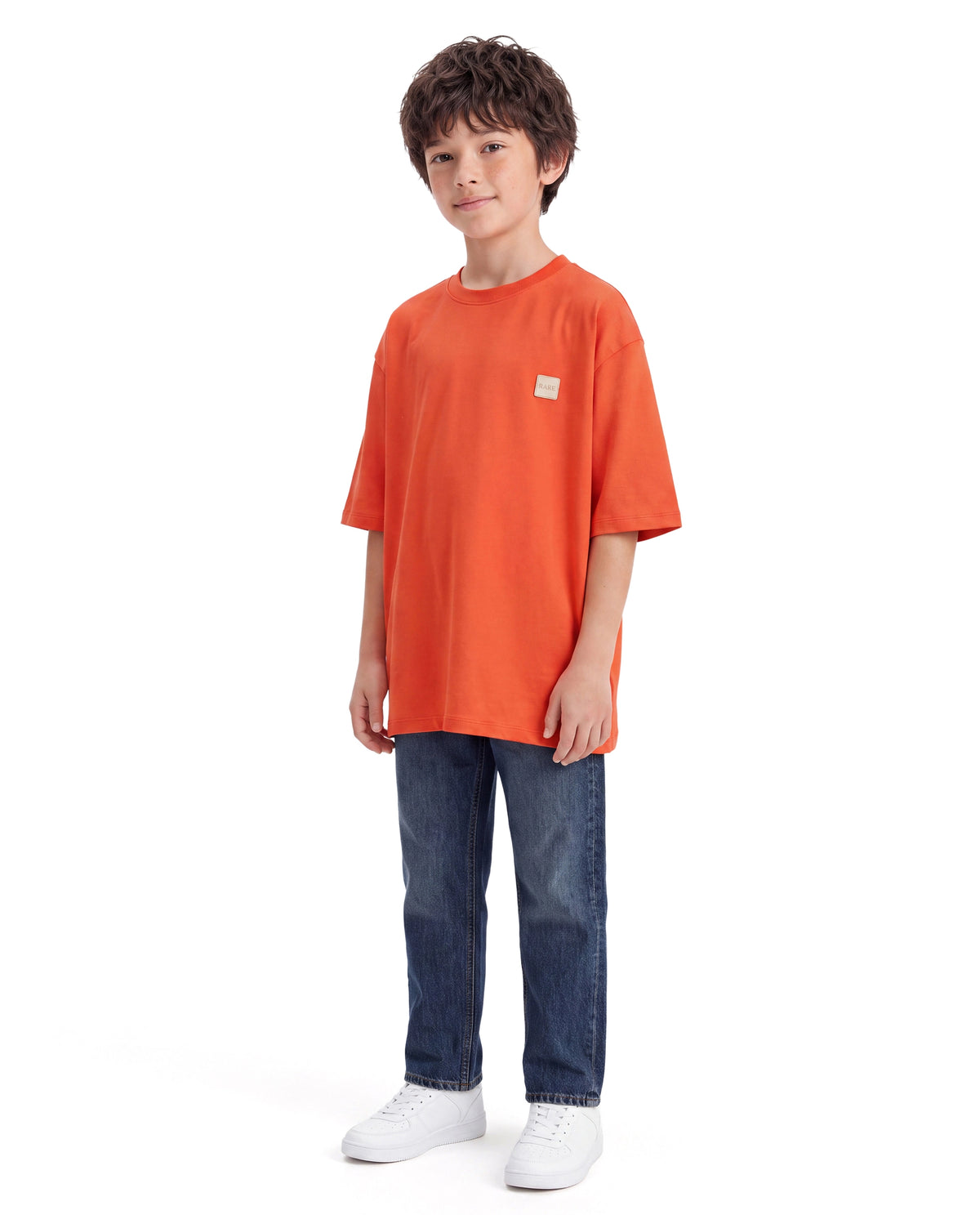Rare Ones Kids Merc-26 Orange Cotton Fabric Pull-On Oversized Fit Graphic Print T-Shirt