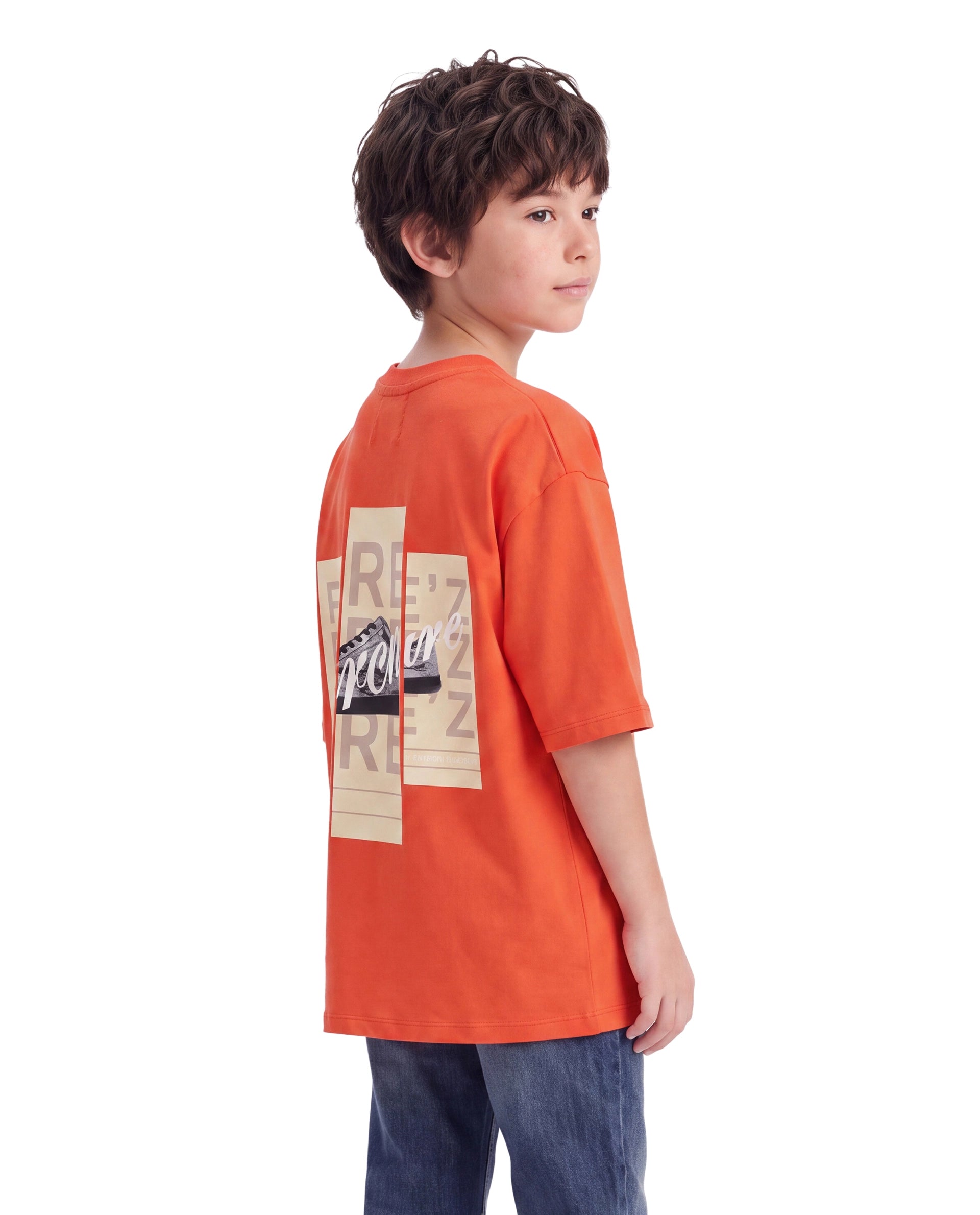 Rare Ones Kids Merc-26 Orange Cotton Fabric Pull-On Oversized Fit Graphic Print T-Shirt