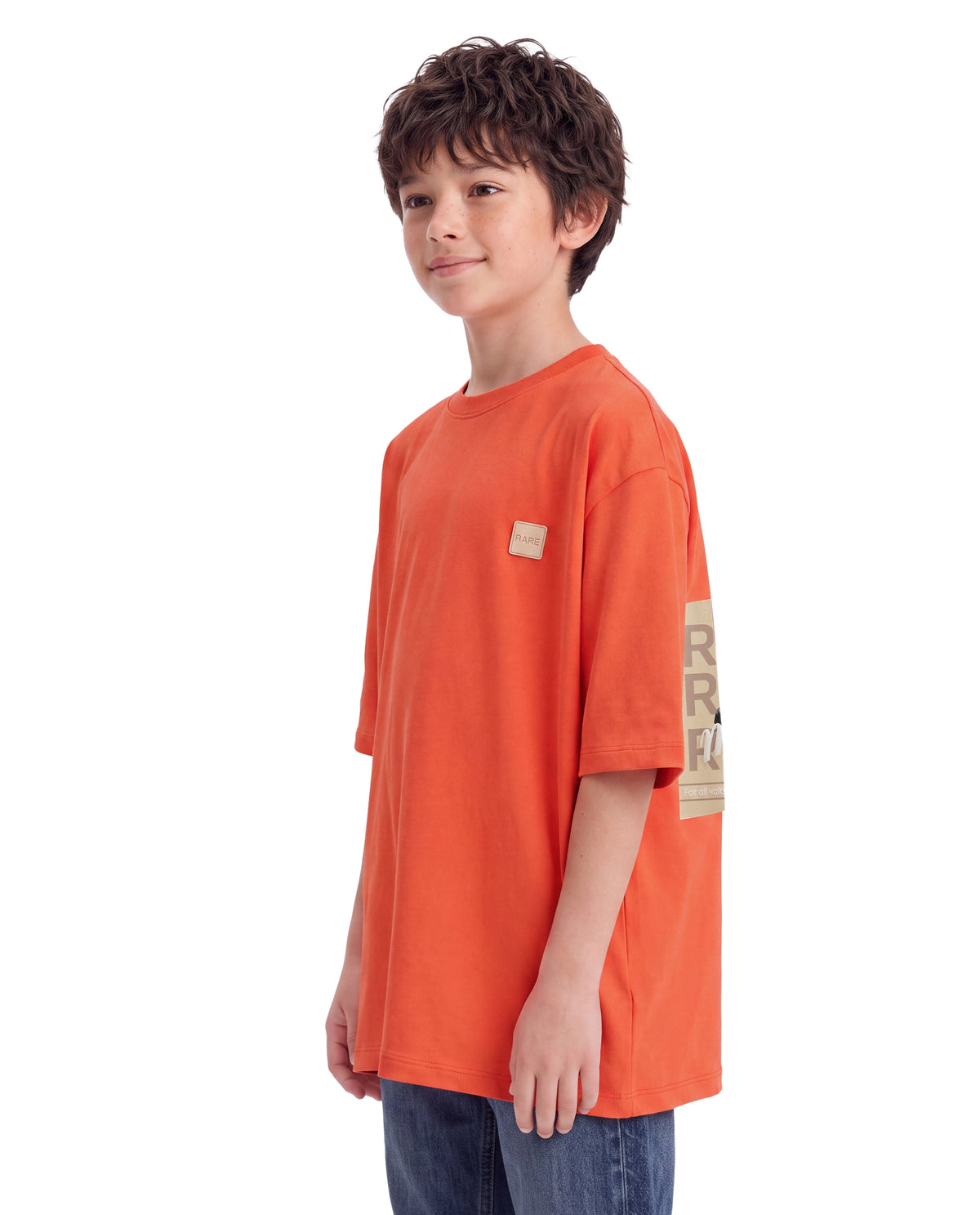 Rare Ones Kids Merc-26 Orange Cotton Fabric Pull-On Oversized Fit Graphic Print T-Shirt