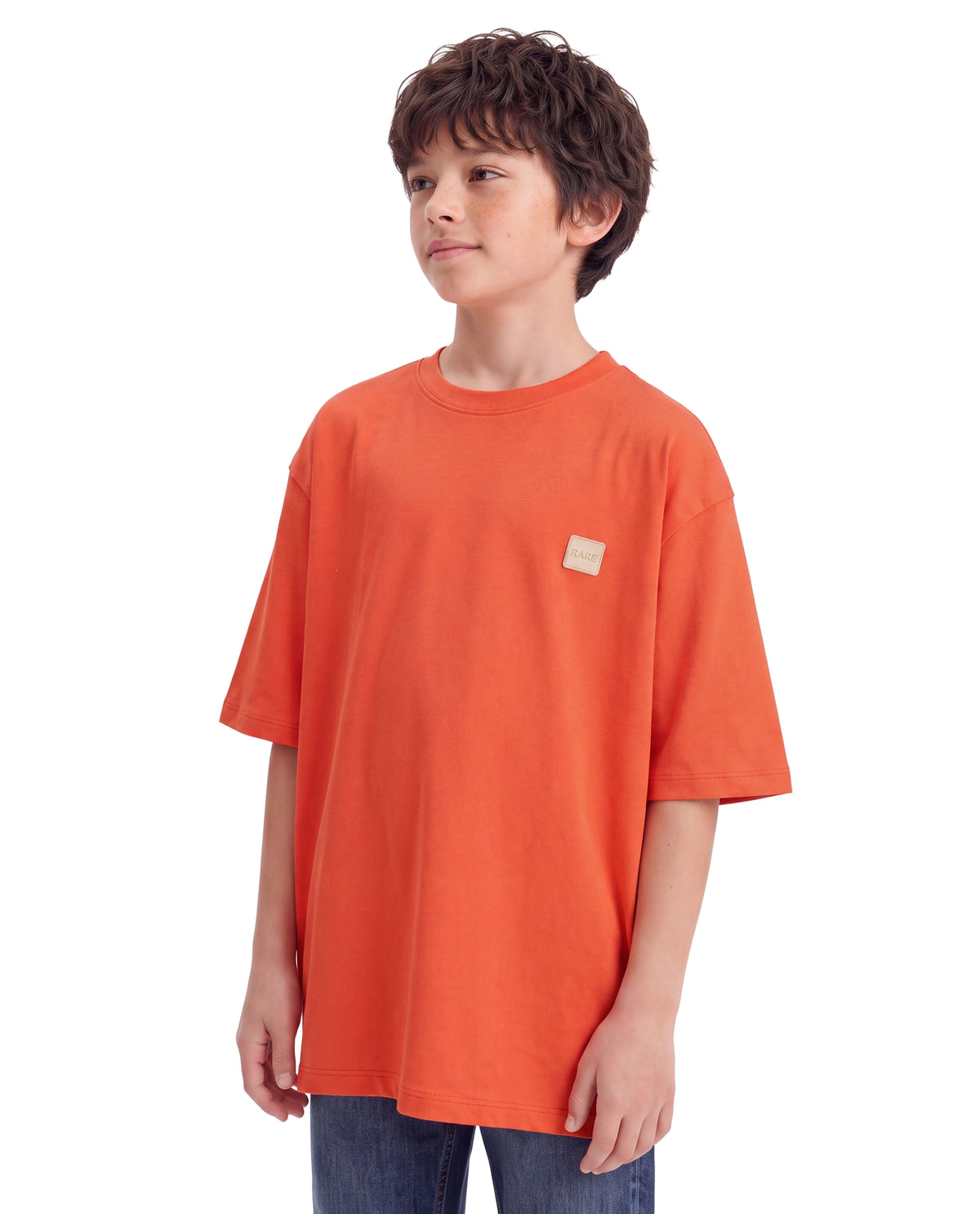 Rare Ones Kids Merc-26 Orange Cotton Fabric Pull-On Oversized Fit Graphic Print T-Shirt