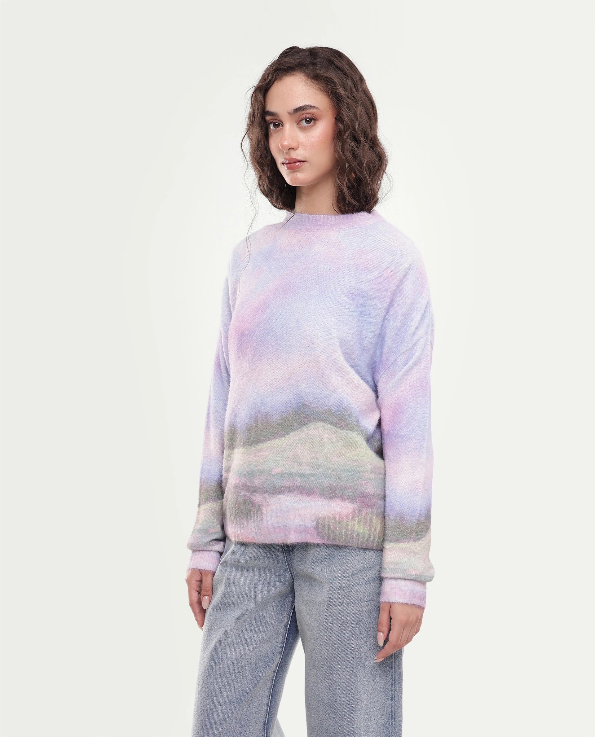 Rareism Women's Legi Light Multi Nylon Blend Pull-On Relaxed Fit Digital Print Sweater