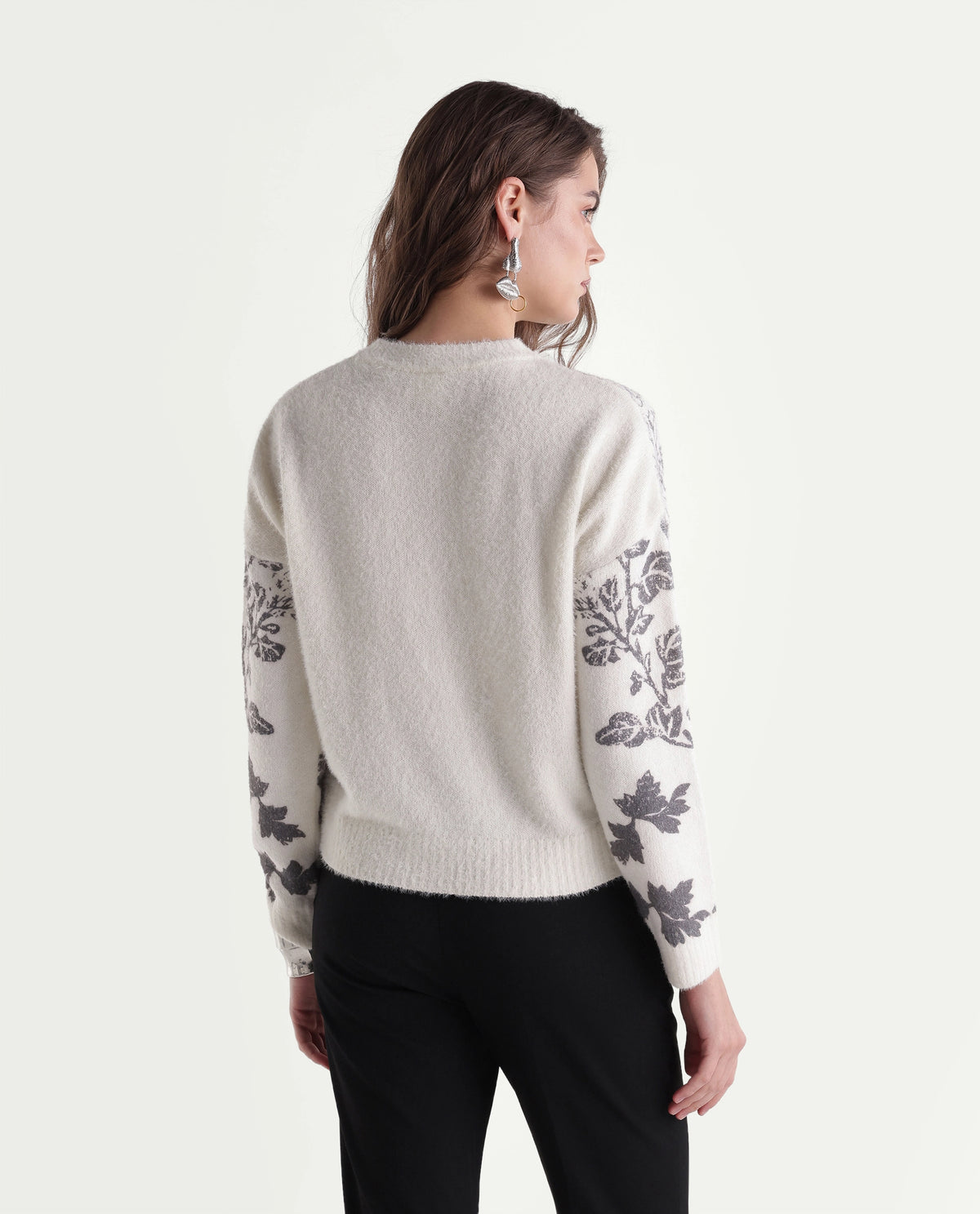 Rareism Women's Lerro Off White Nylon Blend Pull-On Relaxed Fit Floral Print Sweater