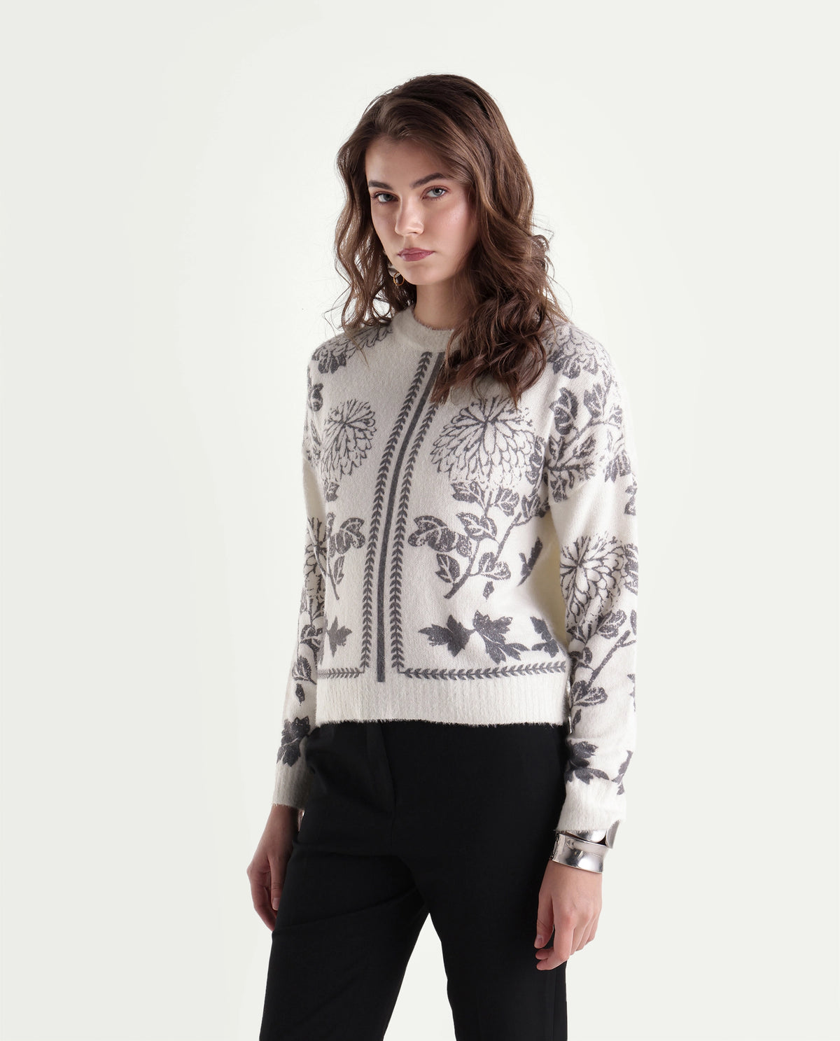 Rareism Women's Lerro Off White Nylon Blend Pull-On Relaxed Fit Floral Print Sweater