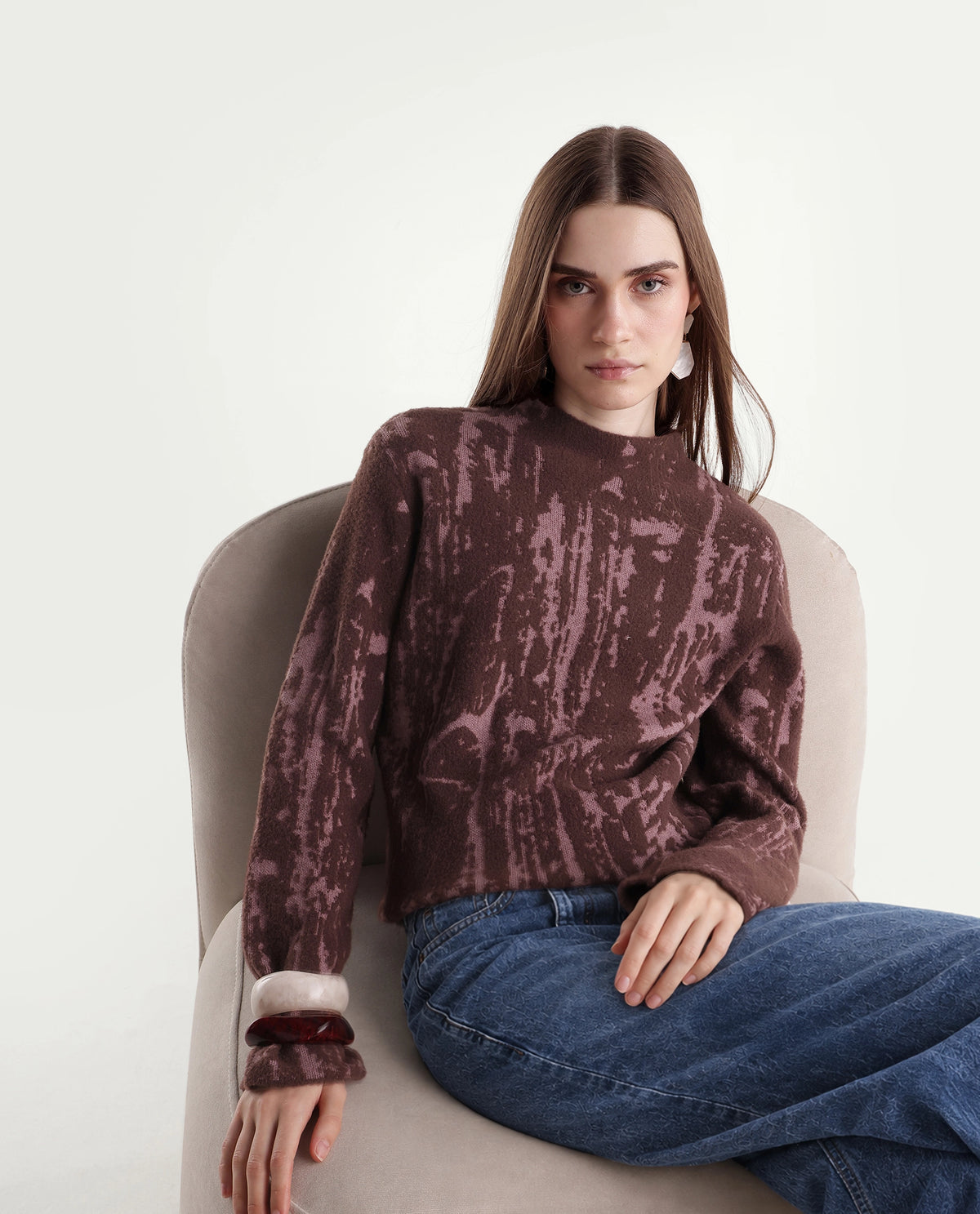 Rareism Women's Loddy Dark Brown Viscose Blend Pull-On Relaxed Fit Abstract Print Sweater - image 1