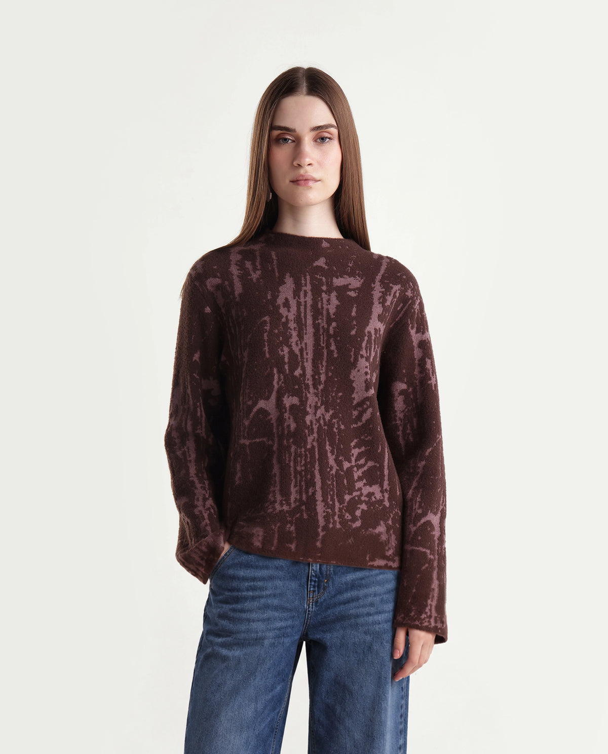 Rareism Women's Loddy Dark Brown Viscose Blend Pull-On Relaxed Fit Abstract Print Sweater - image 7