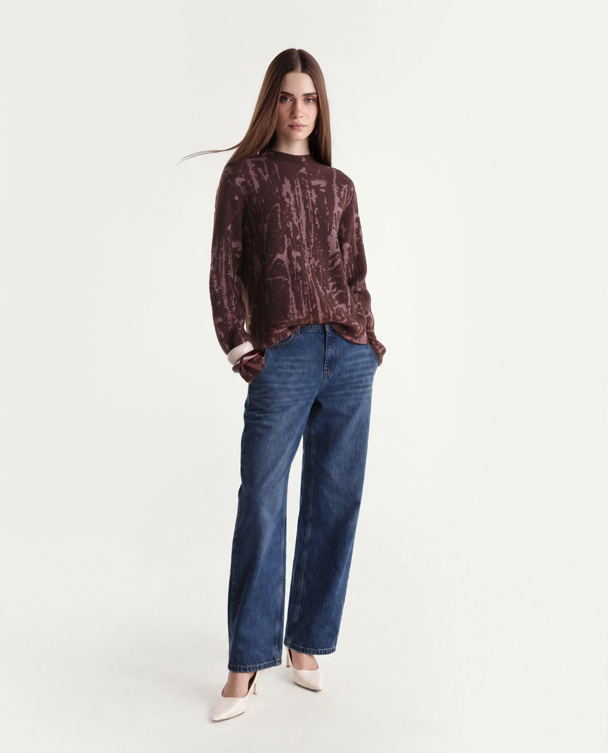 Rareism Women's Loddy Dark Brown Viscose Blend Pull-On Relaxed Fit Abstract Print Sweater - image 2