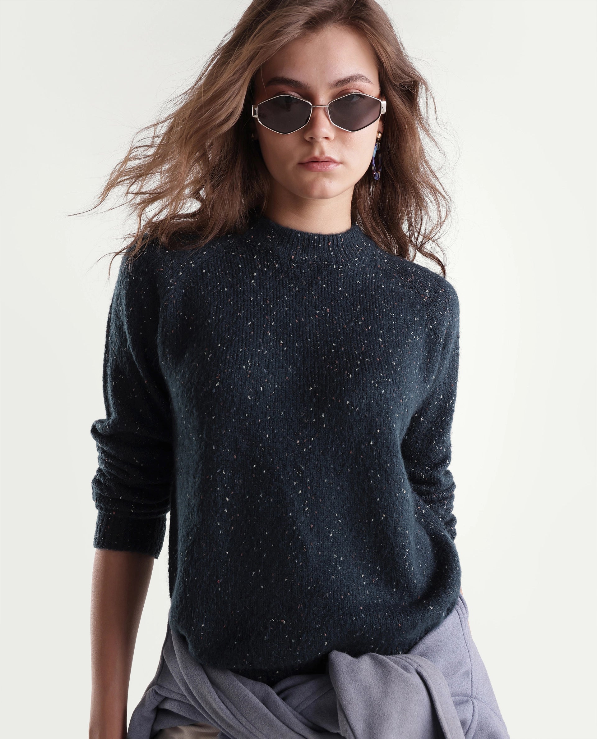 Rareism Women's Tinzolaw26 Dark Navy Acrylic Blend Pull-On Relaxed Fit Plain Sweater