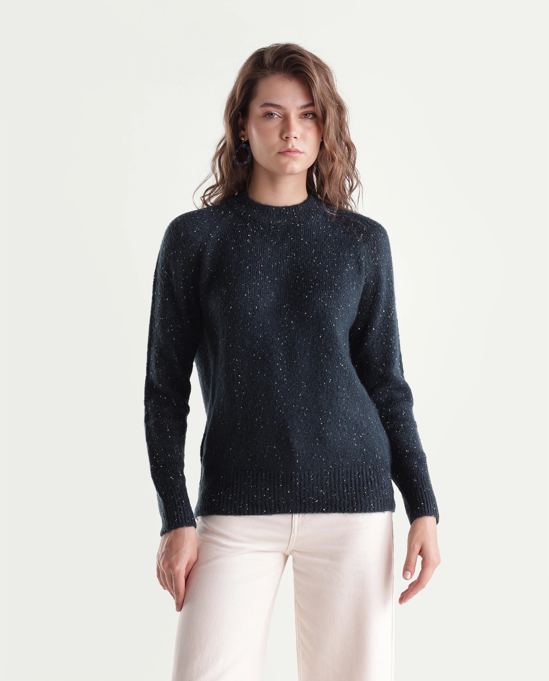 Rareism Women's Tinzolaw26 Dark Navy Acrylic Blend Pull-On Relaxed Fit Plain Sweater