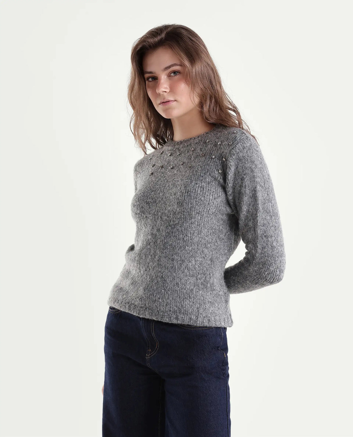 Rareism Women's Livay Light Grey Acrylic Blend Pull-On Regular Fit Plain Sweater
