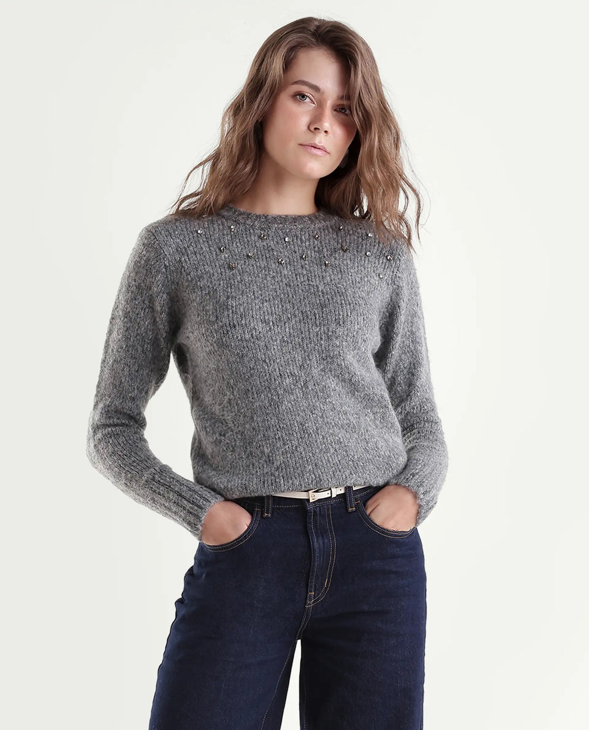 Rareism Women's Livay Light Grey Acrylic Blend Pull-On Regular Fit Plain Sweater