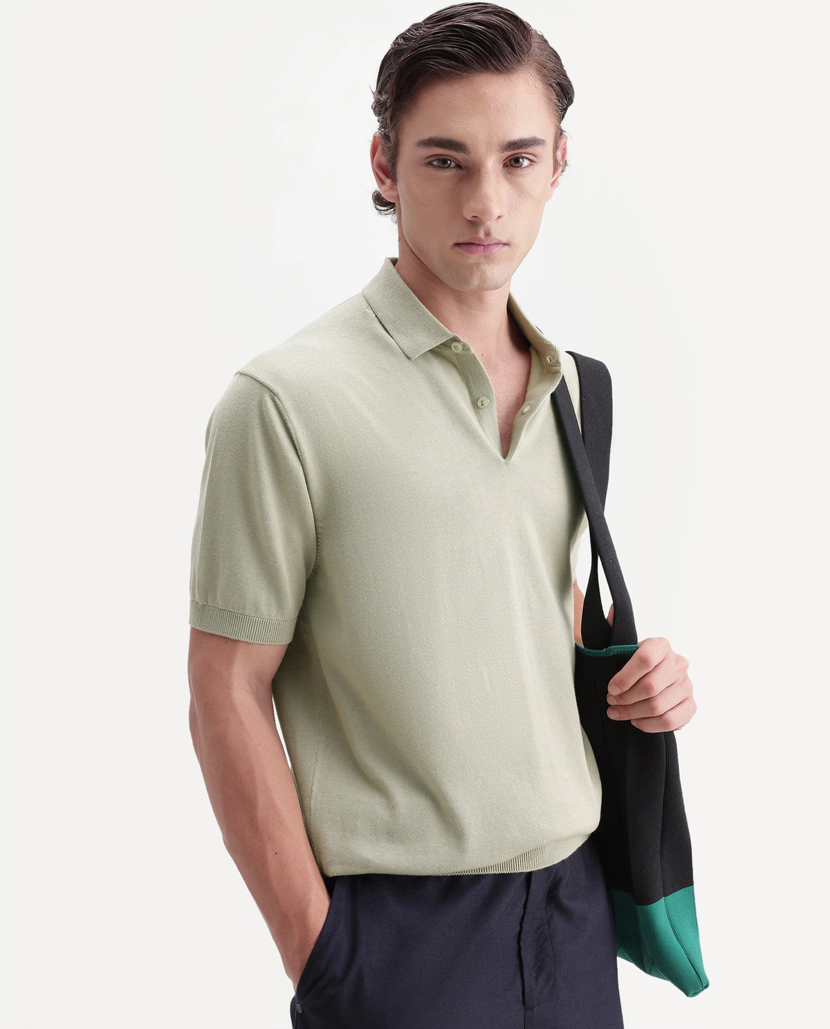 Rare Rabbit Men's Marti Dusky Green Cotton Spread Collar Regular Plain Polo