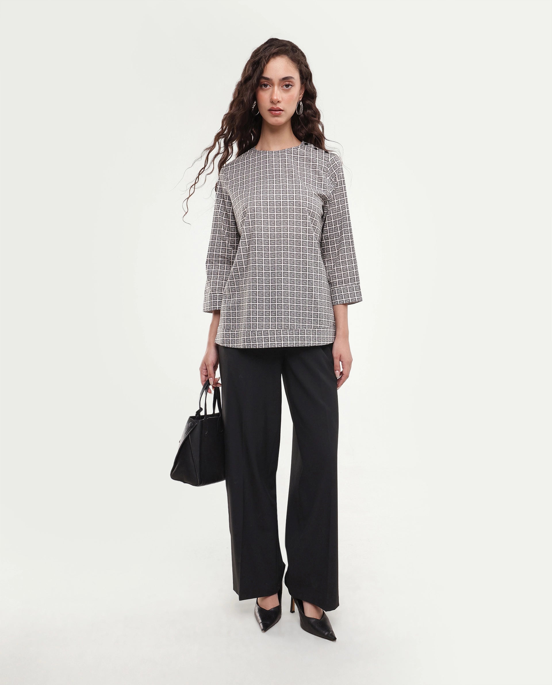 Rareism Women's Mahj Beige Geometric Cotton A-Line Three Quarter Sleeve Top