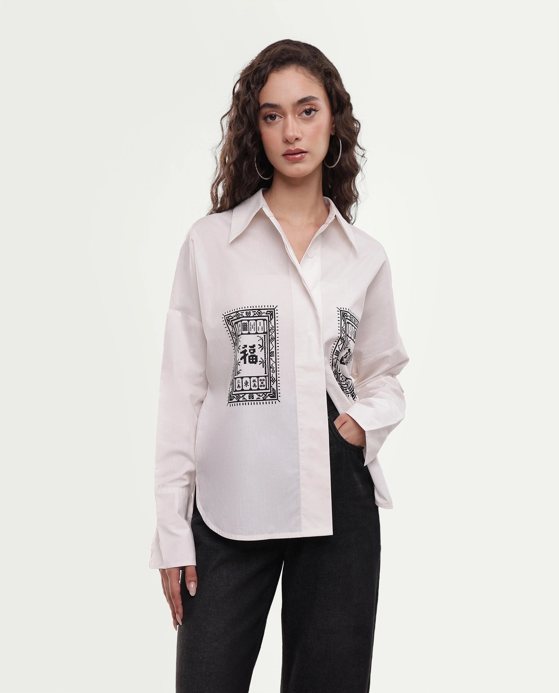 Rareism Women's Moni Beige Cotton Button Relaxed Fit Shirt