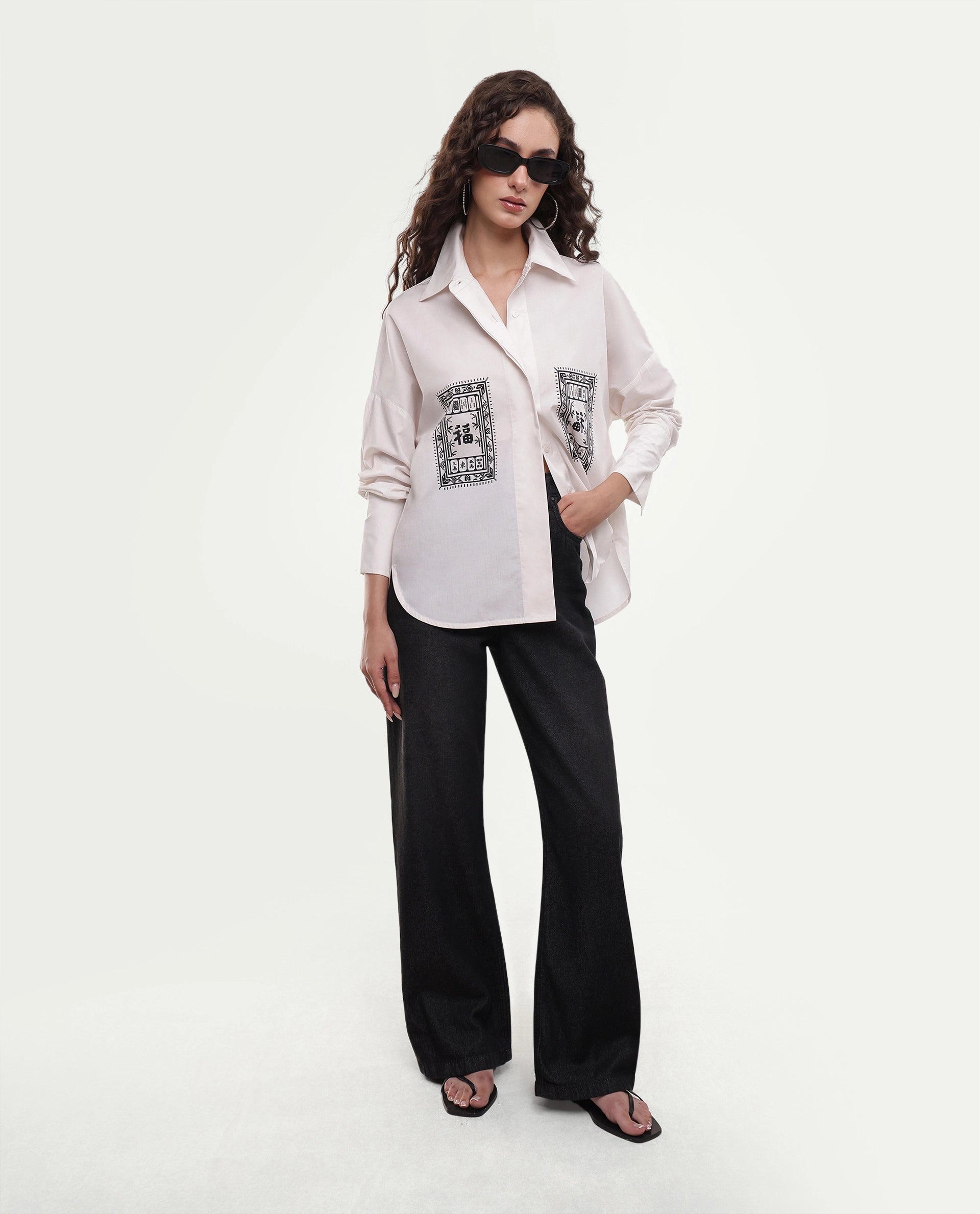 Rareism Women's Moni Beige Cotton Button Relaxed Fit Shirt