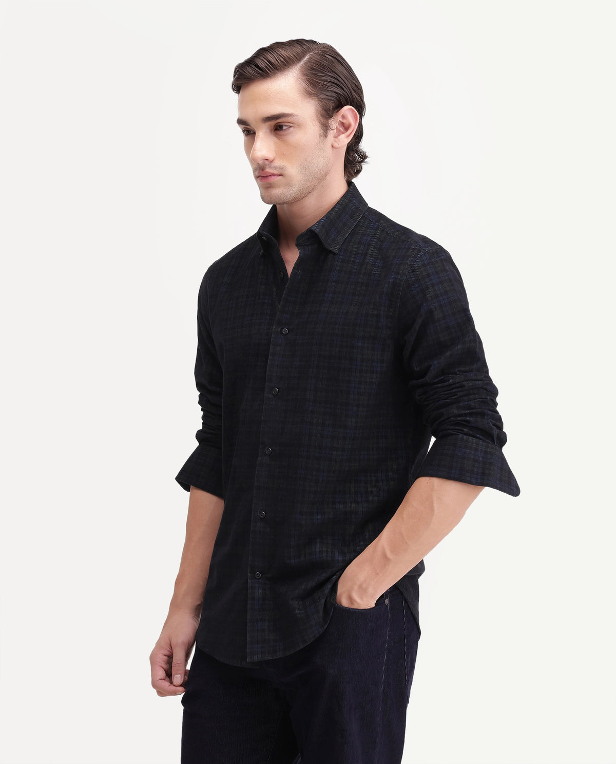 Rare Rabbit Men's Hagg Navy Cotton Button Regular Fit Checked Shirt