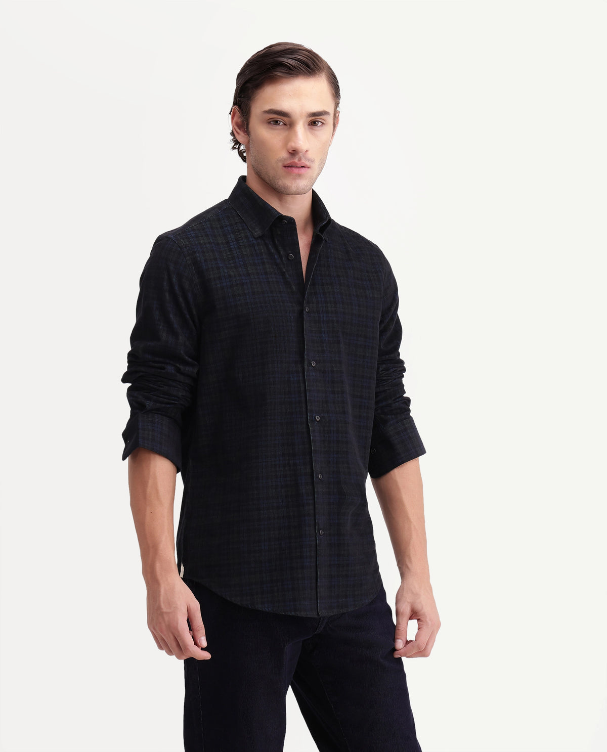 Rare Rabbit Men's Hagg Navy Cotton Button Regular Fit Checked Shirt